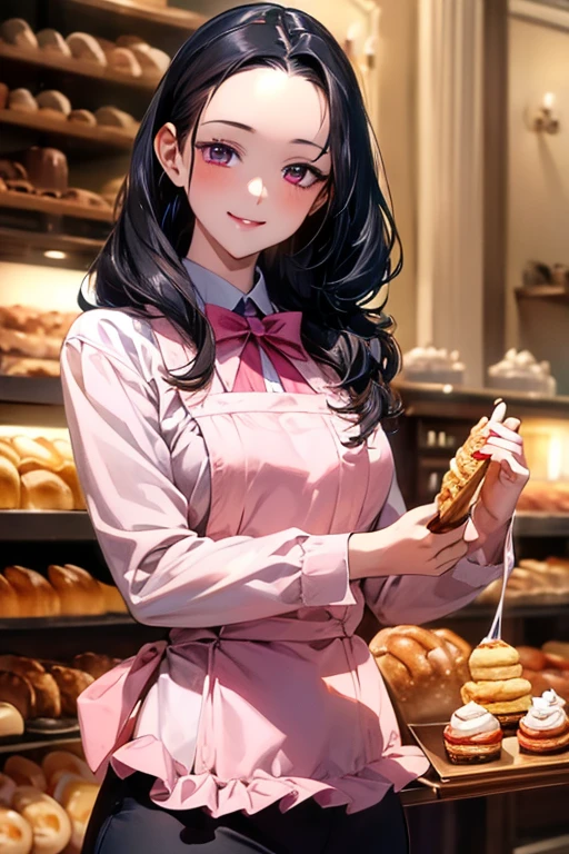 ((forehead)), masterpiece, masterpiece_portrait, distinct, distinct_image, high_resolution, highres, high_quality_anime, high_quality, hyper_detail, finely_detailed,4K, sexy body, ((black hair)), pink eyes, smile, happy, Pastry Chef, bakery, ((whole body)), Bakery