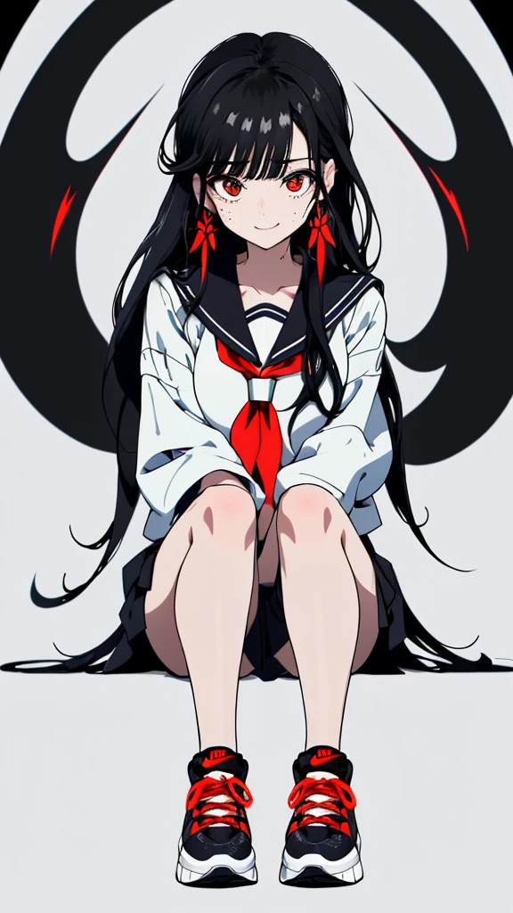 Black hair, bangs, curtained hair, crossed bangs, Long hair, Messy hair, pony tails, Very long hair, Black hair, bangs, curtained hair, crossed bangs, Long hair, Messy hair, pony tails, Very long hair, Big hair, (((red and black nike sneakers))), hair ear, hair tying, hair flaps, widow peak, head gear, Hair ribbon, kanzashi, hairpods, white hair ribbon, Moles under eyes, Raised eyebrows, eyeball, Evil smile, crazy, Shy, scowling, jitome, gloom (expression), Seductive smile, anime big breast, Minimalism, Anime style, anime big breast, Minimalism, Anime style,hyper HD, retinas, Masterpiece, ccurate, Textured skin, Super detail, High quality, High details, Award-Awarded, Best quality, A high resolution, 16k, hyper HD, retinas, Masterpiece, ccurate, Textured skin, Super detail, High quality, High details, Award-Awarded, Best quality, A high resolution, 16k((Cute Sailor Suit))((Old cityscape background))((Photograph the whole body))