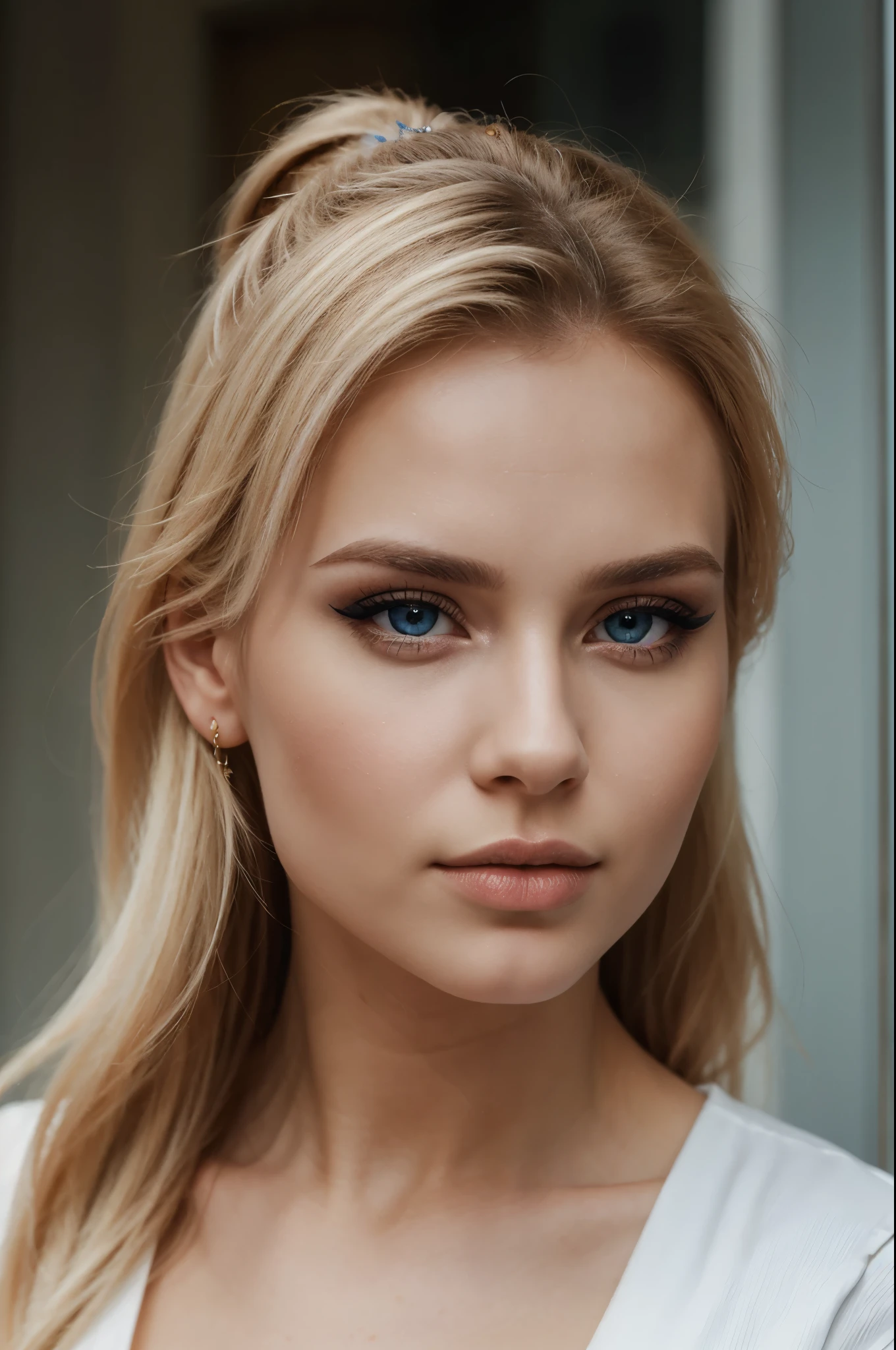 4K kvalita , Top Modelka , Blond vlasy , Profile photo , icy eyes , Realistic , thin beard , roztomilý obličej , expressive Full lips , slightly slanted eyes , bold eyeliner