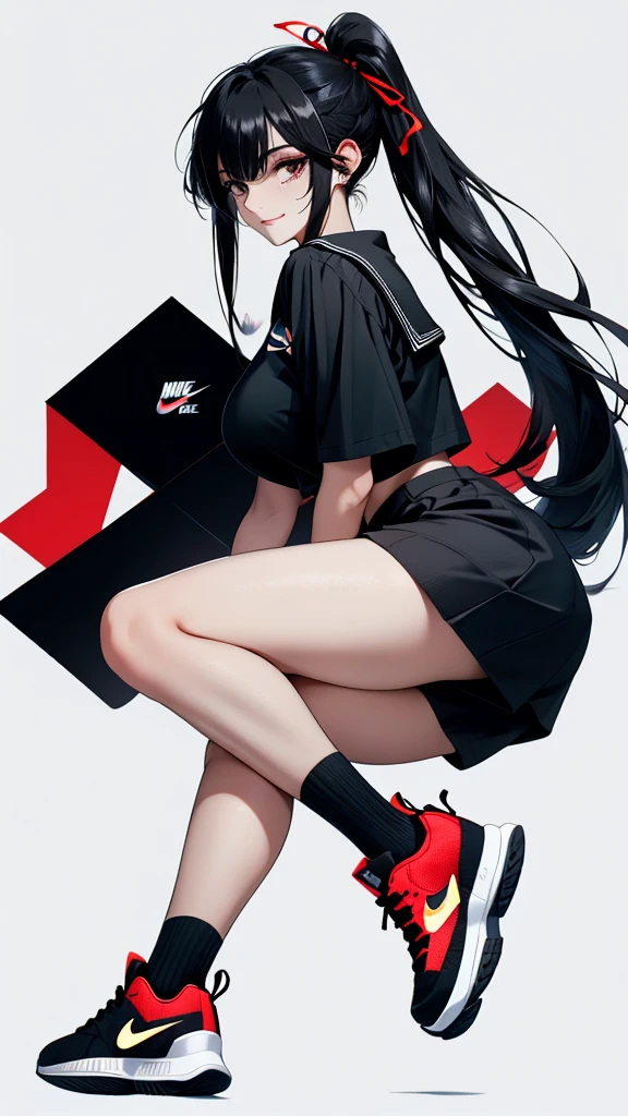Black hair, bangs, curtained hair, crossed bangs, Long hair, Messy hair, pony tails, Very long hair, Black hair, bangs, curtained hair, crossed bangs, Long hair, Messy hair, pony tails, Very long hair, Big hair, (((red and black nike sneakers))), hair ear, hair tying, hair flaps, widow peak, head gear, Hair ribbon, kanzashi, hairpods, white hair ribbon, Moles under eyes, Raised eyebrows, eyeball, Evil smile, crazy, Shy, scowling, jitome, gloom (expression), Seductive smile, anime big breast, Minimalism, Anime style, anime big breast, Minimalism, Anime style,hyper HD, retinas, Masterpiece, ccurate, Textured skin, Super detail, High quality, High details, Award-Awarded, Best quality, A high resolution, 16k, hyper HD, retinas, Masterpiece, ccurate, Textured skin, Super detail, High quality, High details, Award-Awarded, Best quality, A high resolution, 16k((Cute Sailor Suit))((Old cityscape background))((Photograph the whole body))