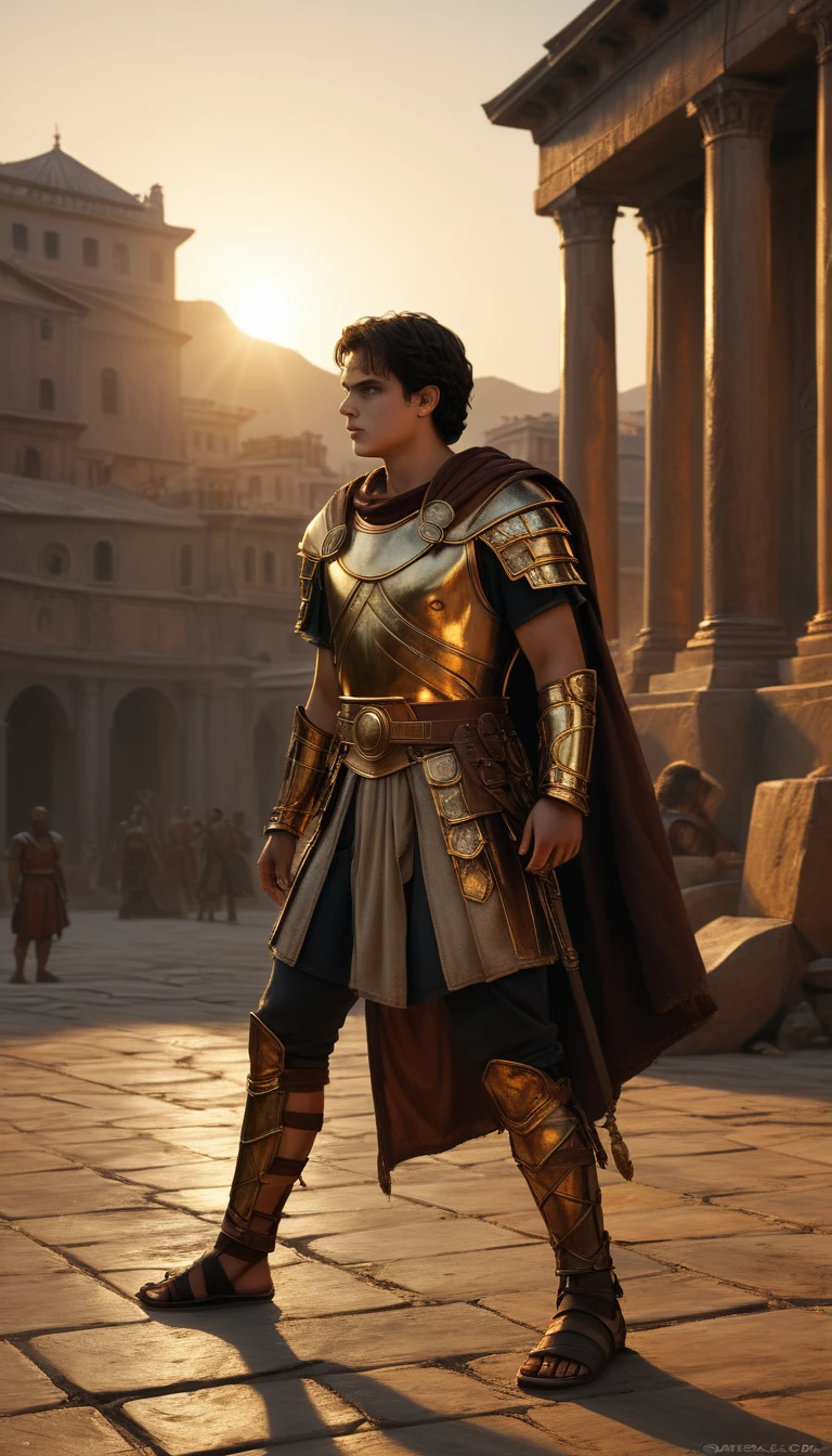 As the sun began to set, The warm golden hues of the sun illuminated his ornate attire, casting a warm glow across the area, Ground-level shot, Intense gladiator duel, set in ancient Rome, historical painting, background dark, hyper realistic, ultra detailed hyper realistic, photorealistic, Studio Lighting, reflections, dynamic pose, Cinematic, Color Grading, Photography, Shot on 50mm lens, Ultra-Wide Angle, Depth of Field, hyper-detailed, beautifully color, 8k, golden light from the front, scene from dune 2 0 2 1 movie, film still from dune 2020, prince of egypt, in screenshot from the 300 movie