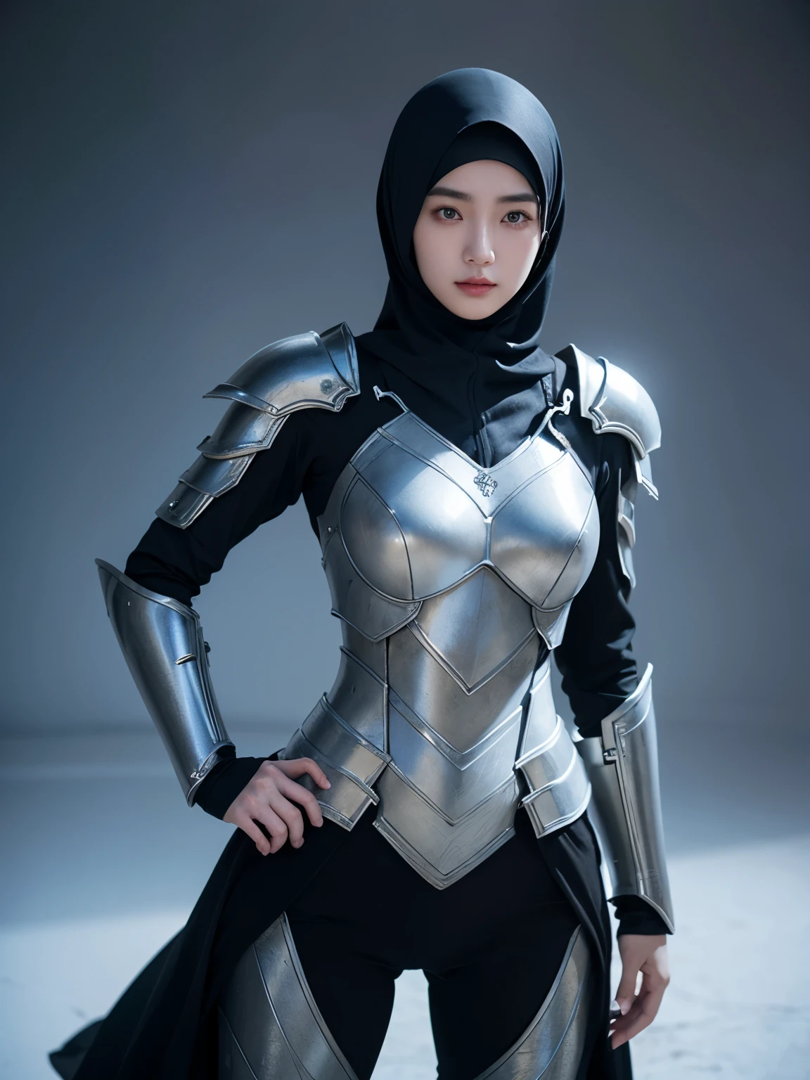 a young Chinese woman, hijab, eyebrows raised, eyes rolled upwards, smirk, beautiful, bob hair, full equipment shadow armor suit, hands on hips, white background, photorealistic, 8k, hyperdetailed, cinematic lighting, dramatic pose, intricate details, hyper realistic, concept art, fantasy, digital art, vibrant colors