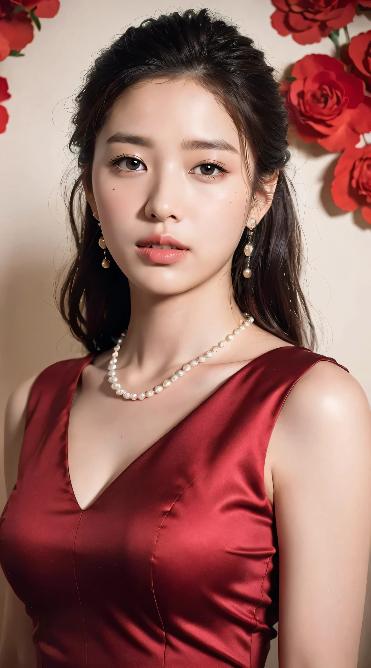 ((highest quality, 8k, Portrait Photography: 1.3)), (Viewer Display), Photorealism,  Sharp focus, alone, Beauty Products,Medium Long Hair,Pearl Necklace、Pearl Earrings、 Accentuate your breasts, Mid-chest,(Crimson Dress)，30 years old、Floral Background