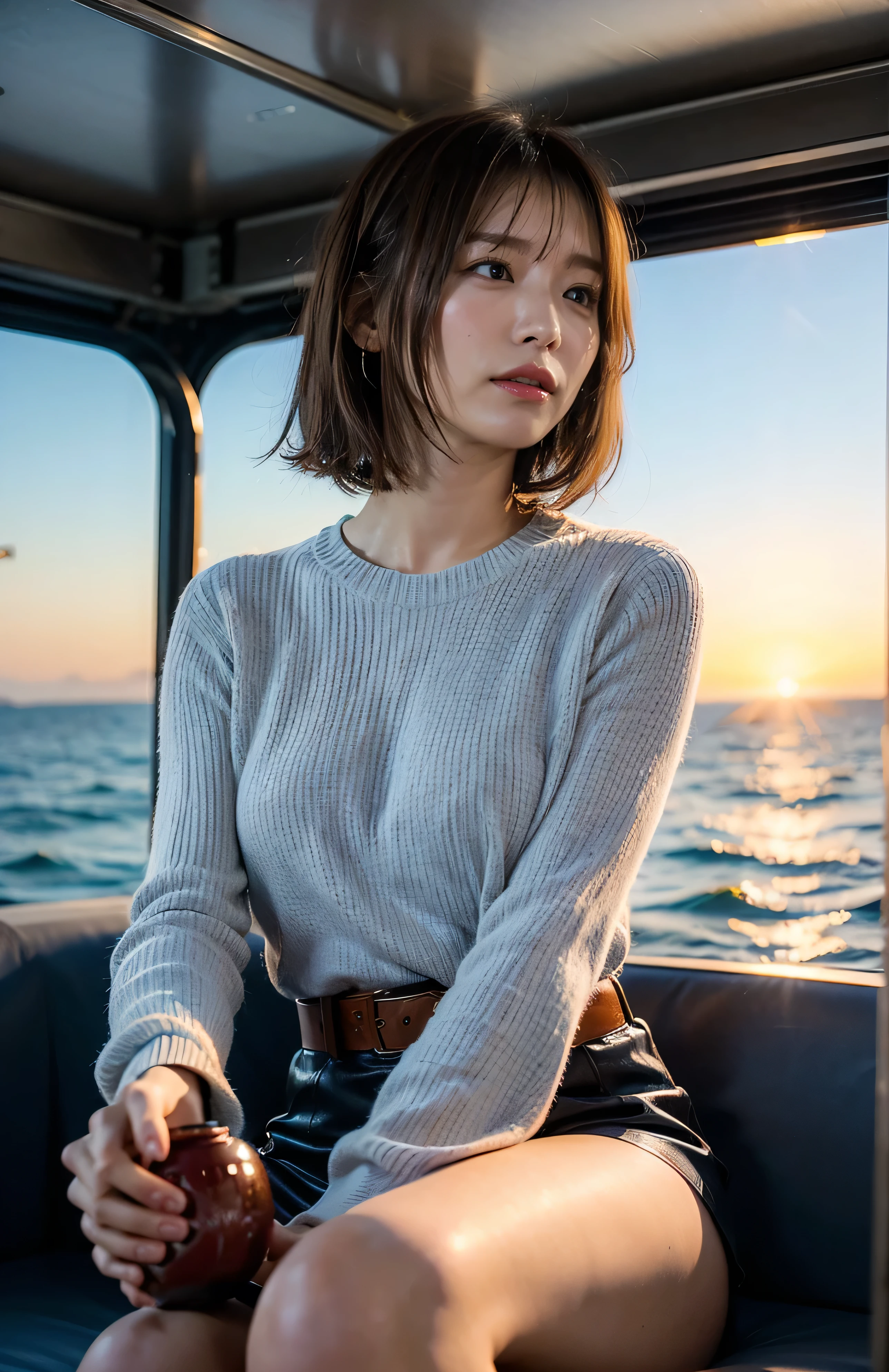 The sky turns red、Woman standing on a boat、Light brown hair、Elegant hairstyle、Blue Eyed Woman、A woman with a cute upward gaze、When the sky gets dark、The gentle light of the ship shines、The sky turns red as the sun sets、Tight clothing that shows your body lines、、Elegant navy blue summer knit、Elegant black summer sweater、belt、Short skirt、Dress elegantly着こなす、Luxury Bags、、((Medium Short Hair:1.4))、Skyscrapers seen across the sea、Manhattan 私sland is visible offshore、Woman on a sightseeing boat、、The sun shines on her、Light brown hair、Light brown hair、The sky was dyed red、There are clouds、private's cute、An elegantly dressed woman is sitting on a boat and watching the sunset、Her ample breasts are obvious even through her clothes..、The shining sun is so beautiful、Dusk is approaching、Lens flare、You can see the sunset、((Sunlight reflecting off the ocean、Ocean View、The sun shines on the ocean、'beautiful.、Small earrings、private'evening、Birds are also flying、、Brown Hair Color、Tying up hair、The woman is on the right:1.4))、High-quality leather belt、Shiny clothes、Light beige hair color、Background Blur、Braid only the front hair、Light brown hair、{{Cowgirl Shot}}、((Close-up shot from the waist up、Ample breasts:1.4))、Smile、Silk clothing、Ample breasts that can be seen even through clothes、Braid only the front hair、Cowboy Shot、Gorgeous white collared silk shirt and brown skirt、Dress elegantly、Luxury Bags、A lovely smile、((Ample breasts))、Full body photo、ring、Short skirt、Tuck your hair behind one ear、Silver Necklace、smile、 Elegant ponytail、Caustics、Highly detailed photos、Very beautiful and ideal short hair、Super no makeup、(8k、RAW Photos、highest quality、masterpiece:1.2)、(Realistic、Realistic)、1 girl、((Medium Short Hair、Looking into the camera:1.4))、Hair blowing in the wind