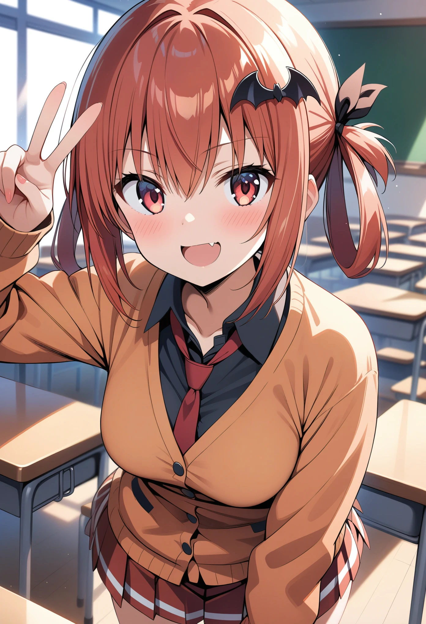 masterpiece, best quality, ultra detailed, very aesthetic,
1girl, satanichia kurumizawa mcdowell, gabriel dropout, fang, collared shirt, red hair, red eyes, hair rings, bat hair ornament, , red necktie, black shirt, pleated skirt, red skirt, smile, open mouth, orange cardigan, v, blush, indoors, classroom,