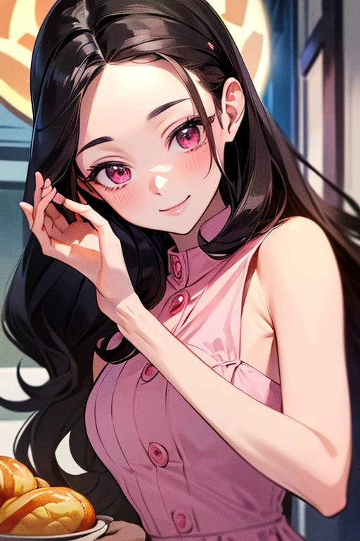 ((forehead)), masterpiece, masterpiece_portrait, distinct, distinct_image, high_resolution, highres, high_quality_anime, high_quality, hyper_detail, finely_detailed,4K, sexy body, ((black hair)), pink eyes, smile, happy, Pastry Chef, bakery, ((whole body)), Bakery