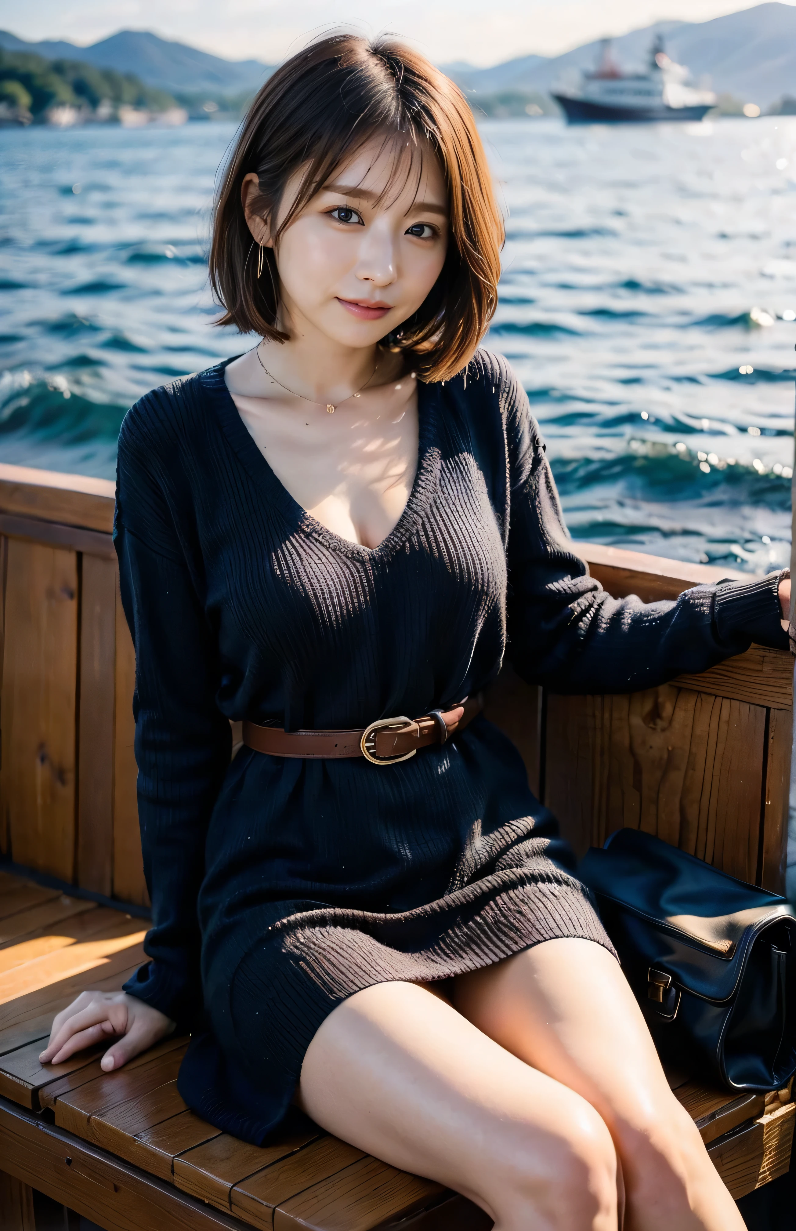 The sky turns red、Woman standing on a boat、Light brown hair、Elegant hairstyle、Blue Eyed Woman、A woman with a cute upward gaze、When the sky gets dark、The gentle light of the ship shines、The sky turns red as the sun sets、Tight clothing that shows your body lines、、Elegant navy blue summer knit、Elegant black summer sweater、belt、Short skirt、Dress elegantly着こなす、Luxury Bagedium Short Hair:1.4))、Skyscrapers seen across the sea、Manhattan 私sland is visible offshore、Woman on a sightseeing boat、、The sun shines on her、Light brown hair、Light brown hair、The sky was dyed red、There are clouds、private's cute、An elegantly dressed woman is sitting on a boat and watching the sunset、Her ample breasts are obvious even through her clothes..、The shining sun is so beautiful、Dusk is approaching、Lens flare、You can see the sunset、((Sunlight reflecting off the ocean、Ocean View、The sun shines on the ocean、'beautiful.、Small earrings、private'evening、Birds are also flying、、Brown Hair Color、Tying up hair、The woman is on the right:1.4))、High-quality leather belt、Shiny clothes、Light beige hair color、Background Blur、Braid only the front hair、Light brown hair、{{Cowgirl Shot}}、((Close-up shot from the waist up、Ample breasts:1.4))、Smile、Silk clothing、Ample breasts that can be seen even through clothes、Braid only the front hair、Cowboy Shot、Gorgeous white collared silk shirt and brown skirt、Dress elegantly、Luxury Bags、A lovely smile、((Ample breasts))、Full body photo、ring、Short skirt、Tuck your hair behind one ear、Silver Necklace、smile、 Elegant ponytail、Caustics、Highly detailed photos、Very beautiful and ideal short hair、Super no makeup、(8k、RAW Photos、highest quality、masterpiece:1.2)、(Realistic、Realistic)、1 girl、((Medium Short Hair、Looking into the camera:1.4))、Hair blowing in the wind