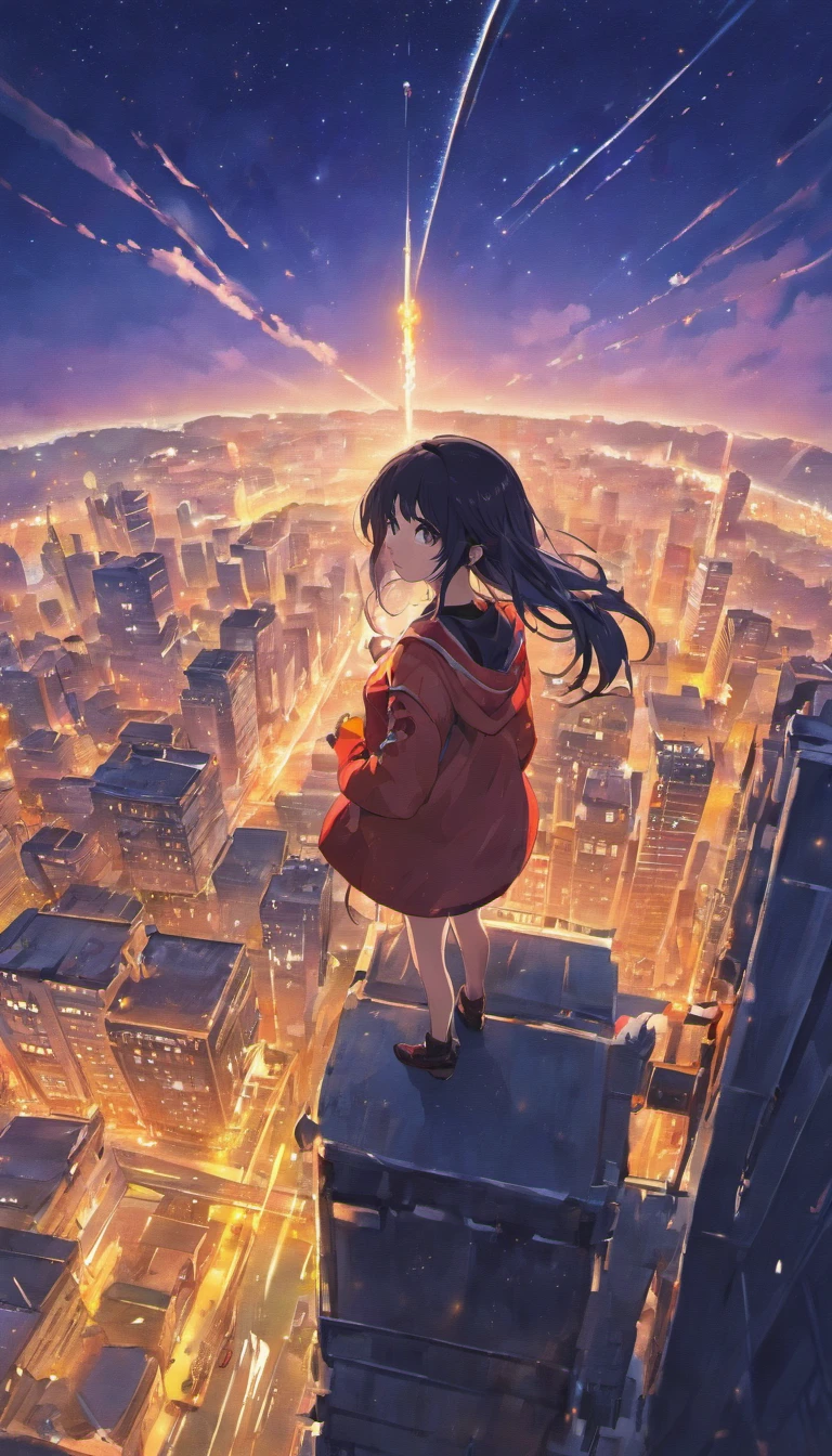 City of night、The sky is fantastic、Meteors、High school girl sitting on top of a building、Long black hair、Back view、The city is bright with streetlights、Landscape Main、Highest quality、Anime Scenery、Xin Haicheng、building、field、milky way