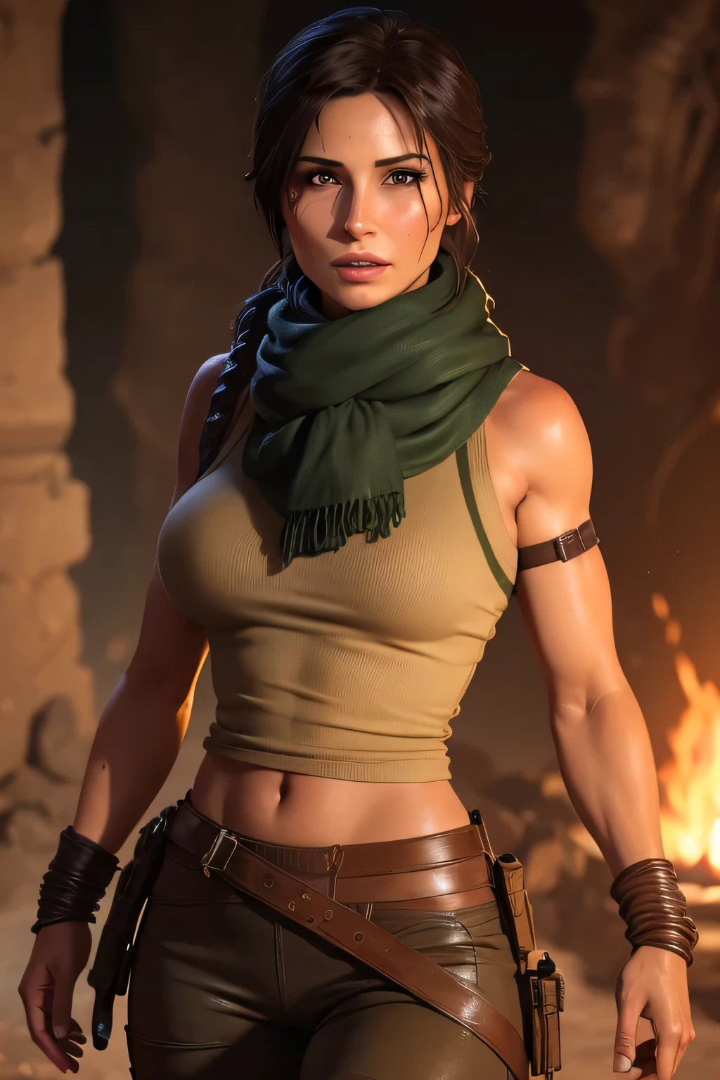 Lara Croft finding a mummy tomb, dark lighting, underground Tomb, perfect anatomy, beautiful face, perfect hands, broken statues in the background, wearing a dark coat and a scarf, DLSR, sharp focus, soft lighting, masterpiece, perfect face, ultra detailed face, perfect brown eyes, beautiful face