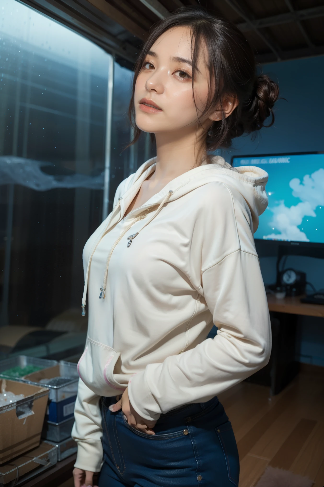 best quality, masterpiece, realistic, adult female, messy [updo|hanging] hair, (full body:0.6), solo, (full body:0.6), looking down, detailed background, detailed face, Sc3pt4, scifi theme:1.1), mercury-wizard, melancholic, surrounded by waves of iridescent silver, alchemical imagery, reflections, silver-colored fluid, metallic sheen, shiny, dynamic pose, fluid movement, floating particles, droplets of mercury, flowing metal, blending mercury, foreign planet in background, dripping mercury formations, volumetric lighting, cinematic atmosphere, sharp details, high detail skin, realistic skin texture, perfect eyes, white hoodie with jeans