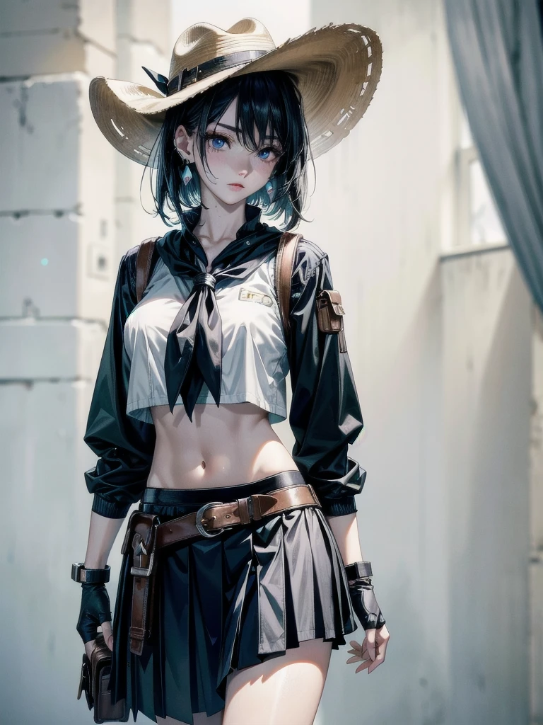 full body shot, cowgirl costume, vest, cowboy hat, fingerless gloves, midriff, neckerchief, short skirt, holster, absurdres, RAW photo, extremely delicate, extremely beautiful, masterpiece, Best Quality, ultra high resolution, 32k, hyperrealistic, ultra-detailed description, perfect anatomy, correct body, ideal ratio of body proportions, pale skin, 20 years old, detailed beautiful face, detailed beautiful face eyes, tearful mole, earring, short medium hair, black hair, Colossal tits,