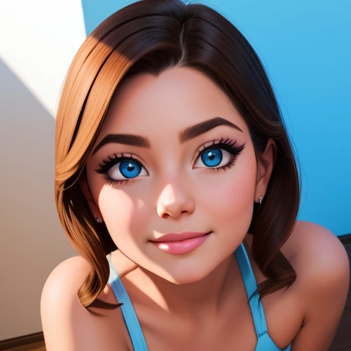 Mujer joven, purple bikini, peinado largo lacio, cabello verde azulado, ojos azules, piel bronceada, sonrisa con lengua afuera, posando con signo de paz, curvy figure, fondo azul claro, soft lighting, sombra sutil, flirtatious expression, Tight lingerie, tono de piel uniforme, realismo en los detalles, rasgos faciales definidos, textura de piel detallada, brillo en el cabello, realismo en la sombra, proporciones corporales precisas, lighting on the face, shadows on the collarbone, contornos definidos, realismo en la ropa, tono muscular sutil, efecto de luz natural, textura del bikini, reflejo en los ojos, sombras suaves en el cuerpo.