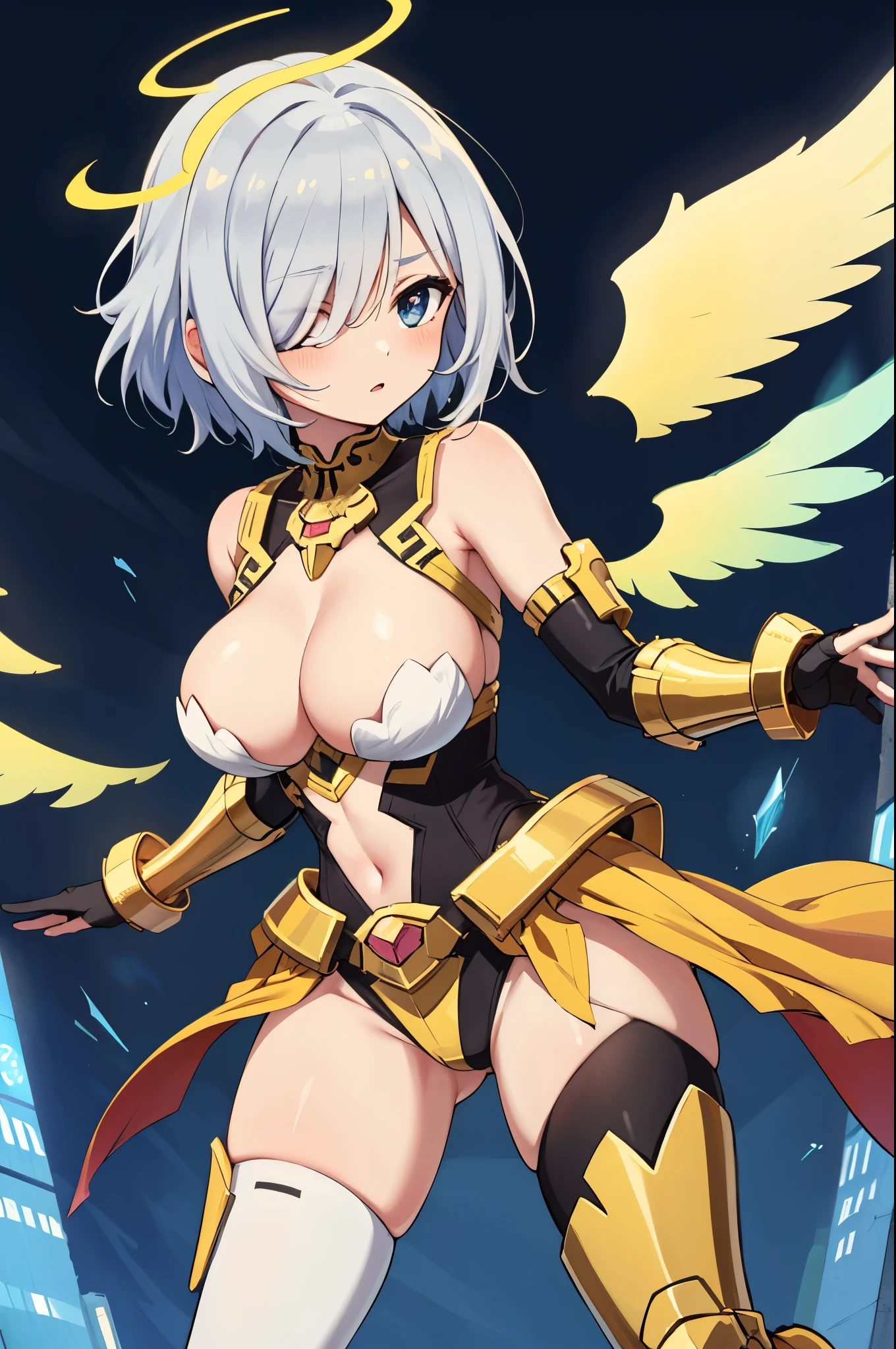 fantasy, 1angel_girl,young_, ,silver_hair, short_hair, long_bangs, halo,bare_shoulder,thighhighs,silver_armor, waist_armor, large_breasts,half_eyes,1pair_wings, dynamic_pose_fighting,floating, bare_crotch, headgear,gauntlet, greaves,city_background,slightly_spread_legs, solo, groin_naked,tan_skin,hair_over_one_eye,