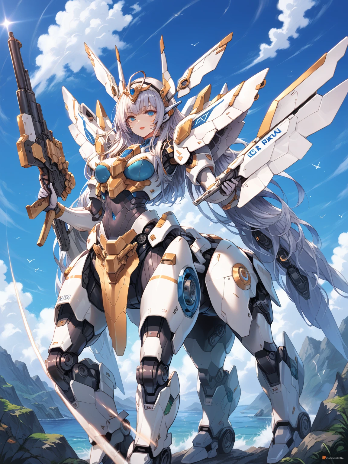 score_9, score_8_up, score_7_up, source_anime,masterpiece, best quality, high resolution, extremely detailed CG, absurdres, highres, ((perfect face, detailed face)), 1girl, solo, A mecha centaur girl, mecha girl, ((white_outfit with blue_praints)), holding weapon, mecha long gun, outdoors, high contrast, ((gloss))