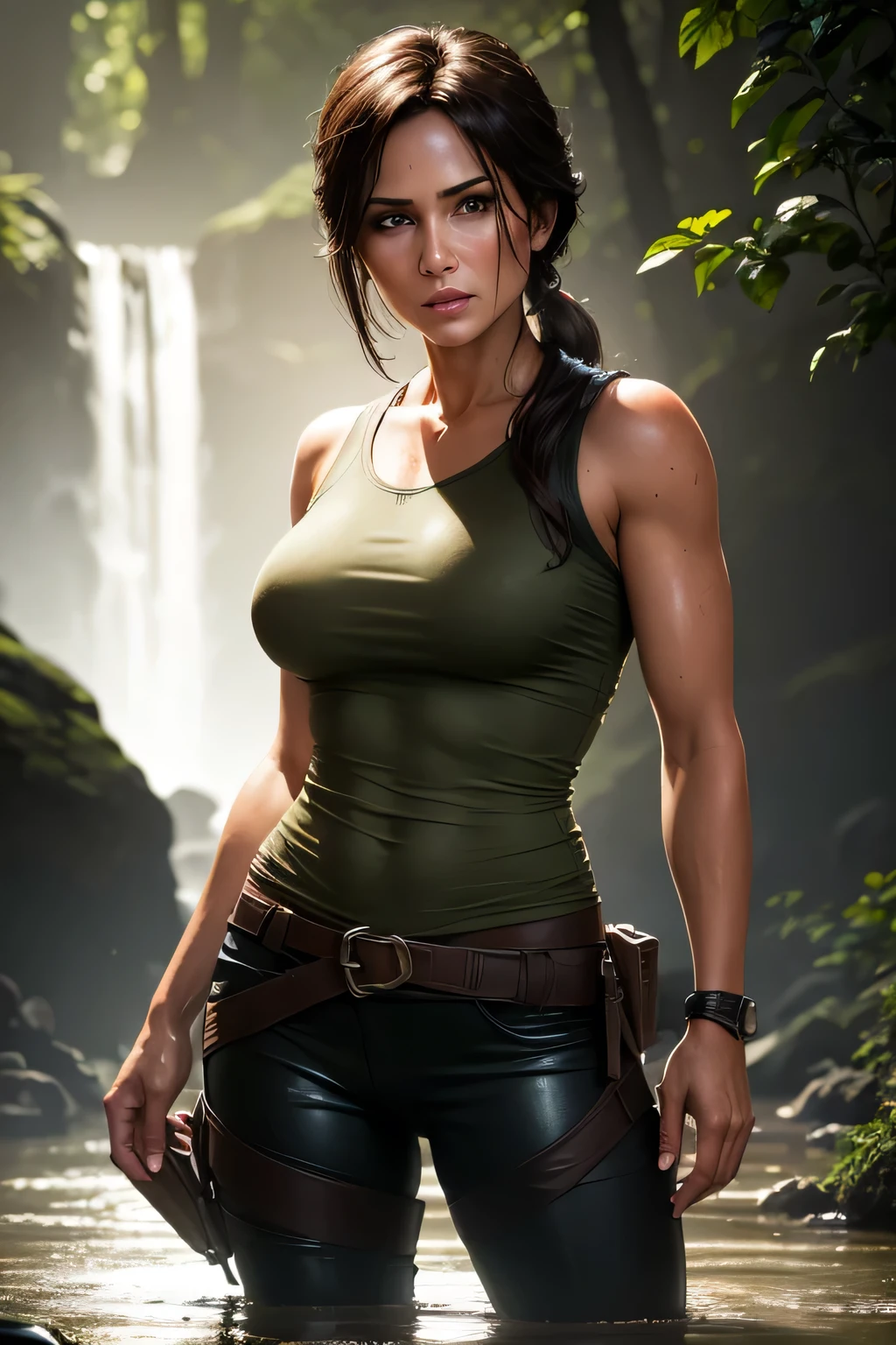 Lara Croft standing waist-high in a river in the jungle at night. Wet body. Wet clothes. Wet see-through grey shirt. She is soaking wet. Wet hair. Beautiful face. Perfect anatomy. Arms by her side, DLSR, sharp focus, soft lighting, masterpiece, perfect face, ultra detailed face, perfect brown eyes, beautiful face, perfect anatomy
