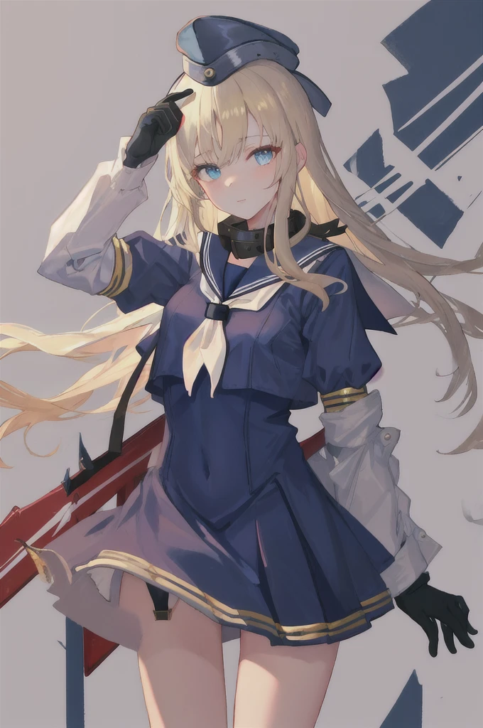 best qinality, masterpiece, High resolution, 一人in, {in_511_Fleet Collection:1.15}, length_hair, bline_eye, blonde_hair, Have, Garrison_cap, blinsh, army, One girl, Sailor_collar, Sailor_dress, bline_hat, Clothes_write, dress, Sailor_Have, Simple_backgroinnd, black_neckerchief, gloves, length_sleeve, inpper_body