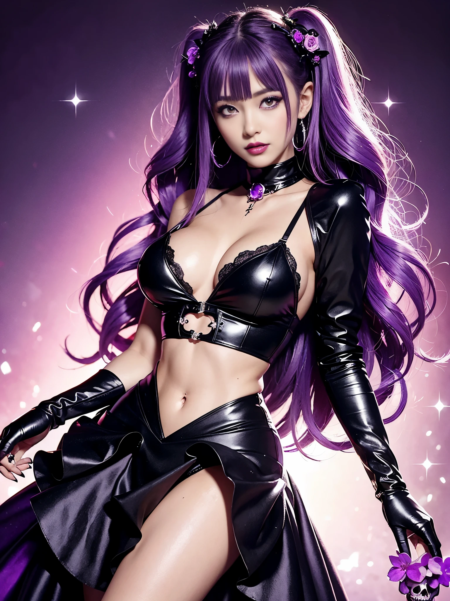 ultra realistic girl who controls poison, halloween, goth, gyaru, lip-gloss, gothic makeup, purple flowing hair, sparkling poisoned flower costume、、、、secrete poison, skull hair accessoires, sweet and sexy, seductive pose, shy, smile, flowers background