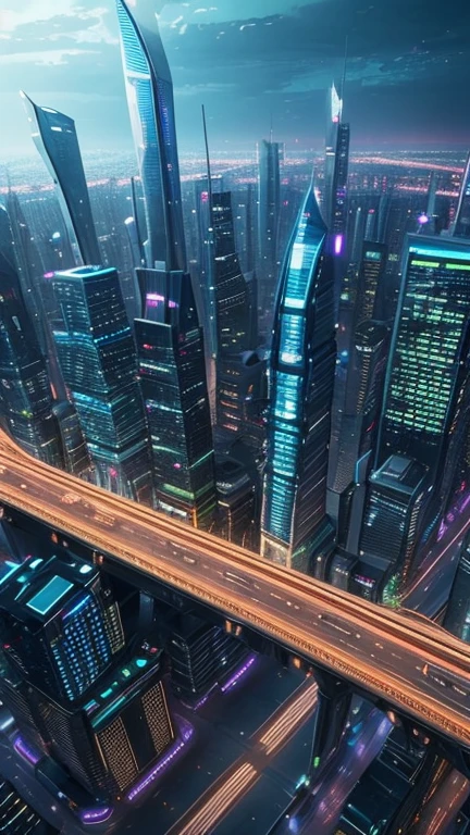 (futuristic city:1.2), (Shambala city), advanced architecture, bustling streets, vertical gardens, high-tech skyscrapers, futuristic transportation system, flying vehicles, floating platforms, technology-driven society, neon lights, holographic displays, energetic atmosphere, vibrant colors, sleek designs, glass facades, bustling marketplaces, advanced AI systems, clean energy sources, sustainable infrastructure, efficient public transportation, elevated walkways, aerial views, expansive skyline, innovative city planning, seamless integration of nature and technology, architectural marvels, smart city technology, automated services, cutting-edge advancements, harmonious coexistence of humans and machines, utopian vision.