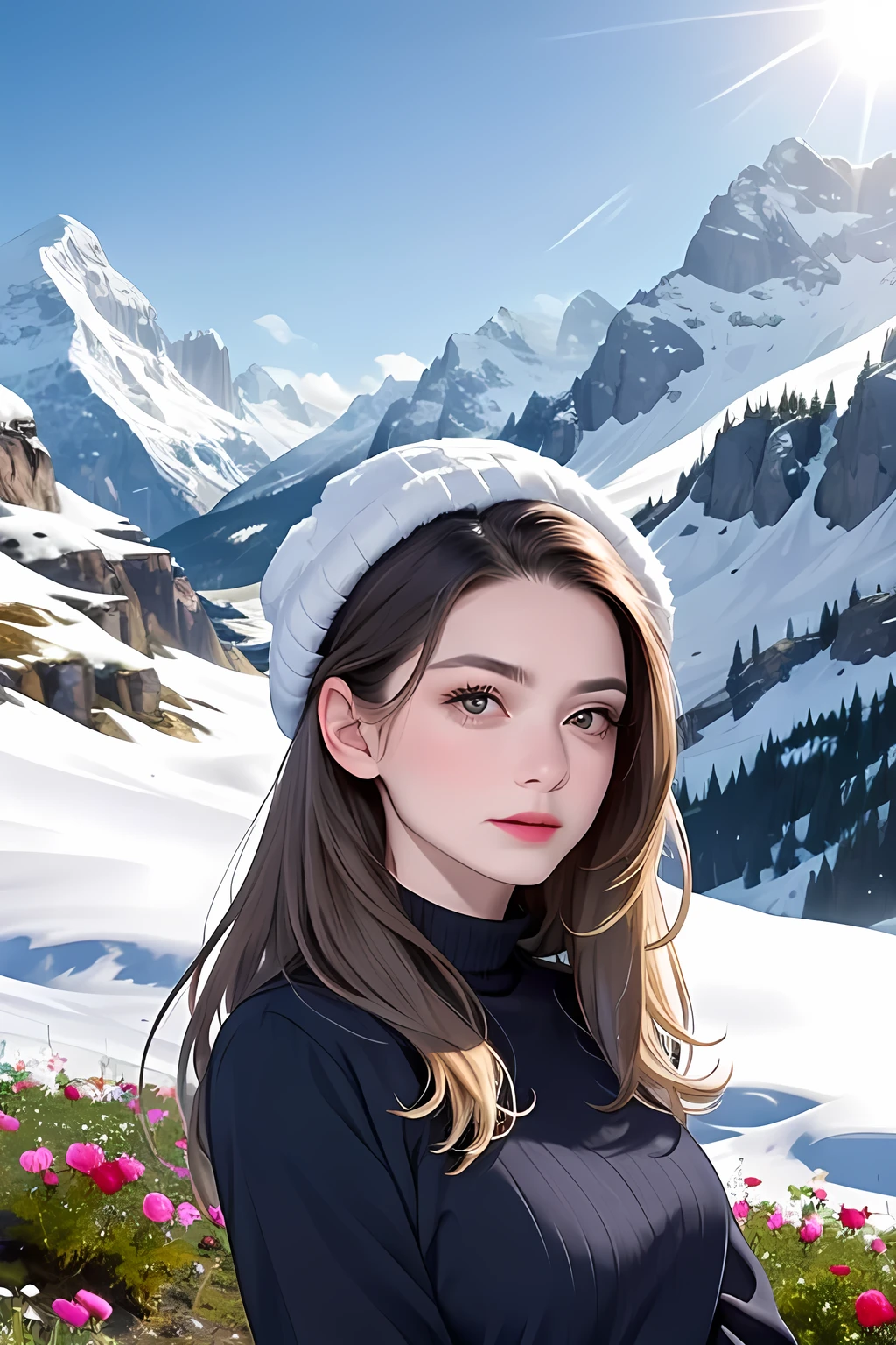 A beautiful woman with light hair, flowers, snow-capped mountains, summer
