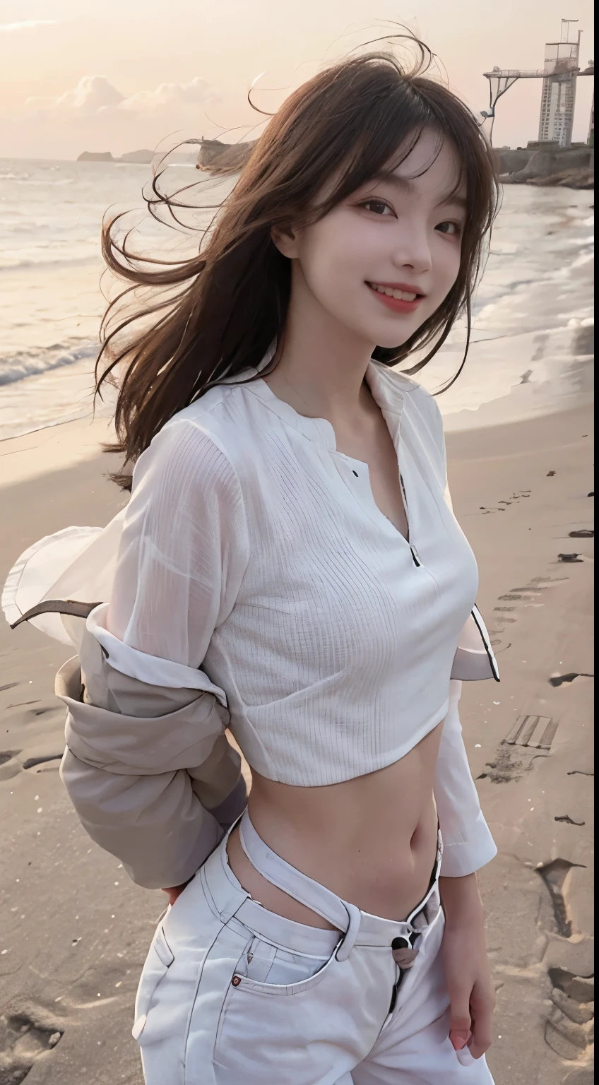 Best image quality、RAW Photos、超A high resolution、21 years old Korean、Small breasts、Dynamic Angle、Cowboy Shot、Chaos in its most beautiful form、elegant、Brutalist Design、Vibrant colors、Beautiful white hair、Short Bob、smile、fun、smile、Glowing White Skin、Beautiful eyes with random colors、Very thin lips、Beautiful eyes in every detail、 Narrow eyes、Cheeks are pale pink、Eyelash length、Beautiful double eyelids、eye shadow、Bright white hair、Crop top、Lightweight see-through jacket、Harem pants、Sandy Beach、Shooting from diagonally below、Low - Angle、The wind is blowing、Hair fluttering、boost mood、Full body photo
