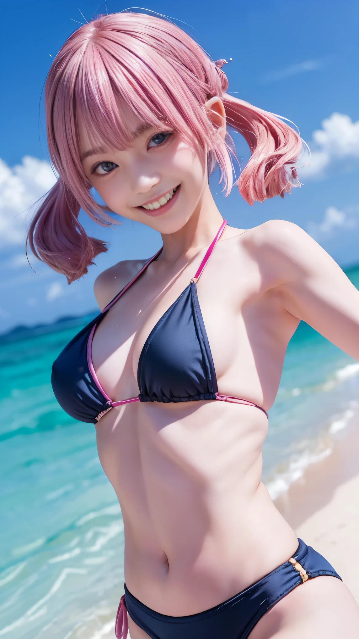 girl, Goblins, Big smile of joy，beautiful and moving，(((Flat Chest))),Do a dynamic dance、Thin arms、Tight waist、Slender upper body、Thin thighs、Slim lower body、Short Pigtails、(((Pink Hair)))、Tropical sandy beaches、Dazzling Smile、Navy blue micro bikini、Jeweled Beach Sandals