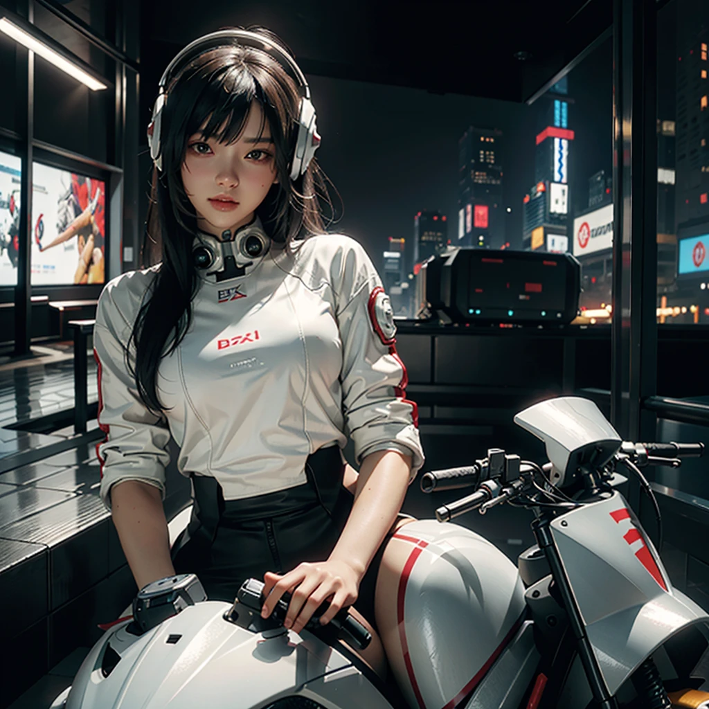 Highest image quality, outstanding details, ultra-high resolution, (realism: 1.4), the best illustration, favor details, highly condensed 1girl, with a delicate and beautiful face, bl9nde hair , dressed in a white and red mecha, wearing a mecha helmet, holding a directional controller, riding on a  cybernetic motorcycle, cyberpunk city background is a high-tech lighting scene of the future city.