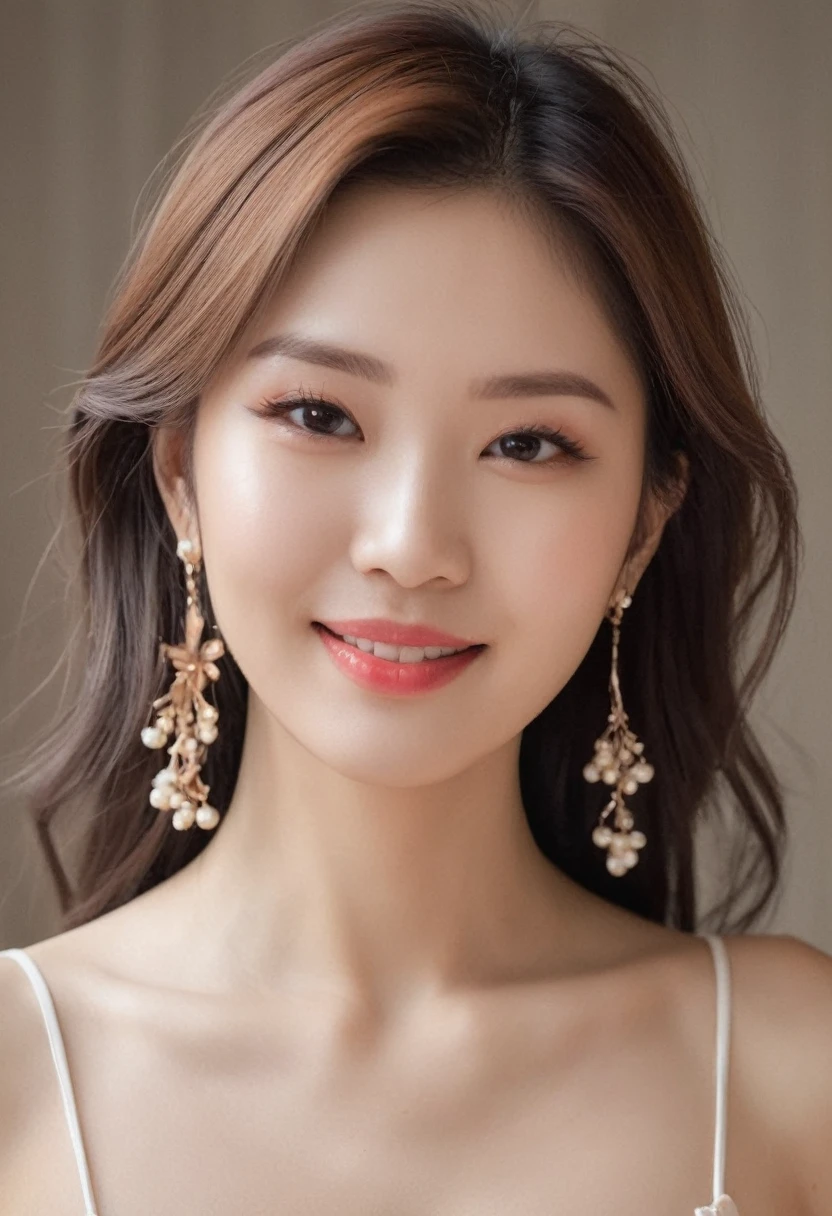 1 girl, Korean model, extremely beautiful, perfect body. 8K photo quality, lifelike, masterpiece, sharpest and highest contrast, super realistic color photos. Her hair is pink, long and smooth, the wind blows it beautifully under the bright sunlight. Beautiful face, perfect and sexy, holy, perfectly proportioned, beautiful in every detail, ((shiny)), high-end cosmetic makeup. Bright smile, pure white teeth and details. Sexy glossy red pair, brilliant glossy red lips. Brown eyes, glossy, seductive, ((sharp makeup)), realistic, ((wet eyes)), details, pink eyeshadow, eyelashes, blush, high-end cosmetics. Two delicate eyelids, perfectly beautiful and detailed, black eyelashes. Eyebrows are curved, sparse, sharp and detailed. High and detailed nose. Blush, prominent and detailed cheekbones. Bright white skin, detailed pores, shiny skin, smooth and shiny skin. Hands are beautiful, perfect, ((no flaws)), no defects. Her breasts are big and full, her nipples are prominent and detailed, her cleavage is deep and firm, tight under her bra. Tank top, jeans, necklace, earrings, bracelet. Gentle portrait shot, sharp focus on the girl's face.