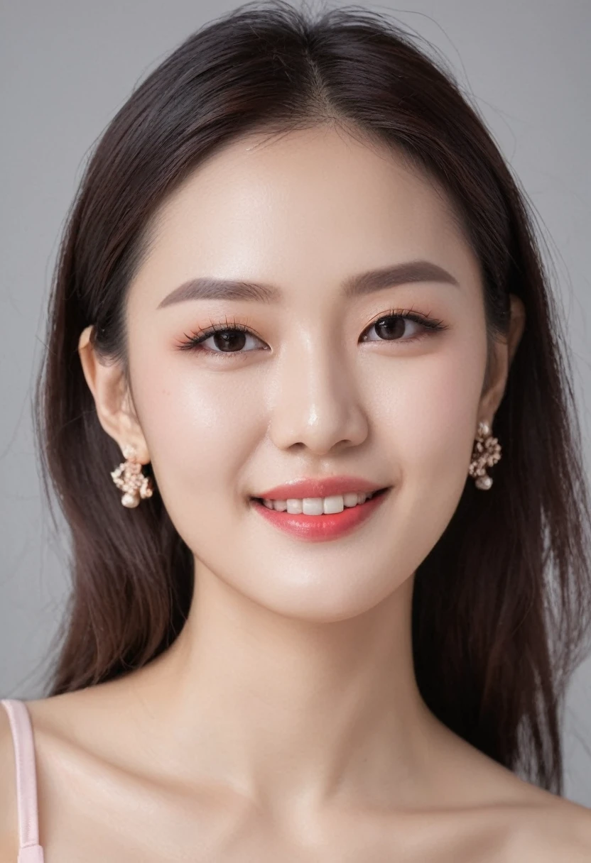 1 girl, Korean model, extremely beautiful, perfect body. 8K photo quality, lifelike, masterpiece, sharpest and highest contrast, super realistic color photos. Her hair is pink, long and smooth, the wind blows it beautifully under the bright sunlight. Beautiful face, perfect and sexy, holy, perfectly proportioned, beautiful in every detail, ((shiny)), high-end cosmetic makeup. Bright smile, pure white teeth and details. Sexy glossy red pair, brilliant glossy red lips. Brown eyes, glossy, seductive, ((sharp makeup)), realistic, ((wet eyes)), details, pink eyeshadow, eyelashes, blush, high-end cosmetics. Two delicate eyelids, perfectly beautiful and detailed, black eyelashes. Eyebrows are curved, sparse, sharp and detailed. High and detailed nose. Blush, prominent and detailed cheekbones. Bright white skin, detailed pores, shiny skin, smooth and shiny skin. Hands are beautiful, perfect, ((no flaws)), no defects. Her breasts are big and full, her nipples are prominent and detailed, her cleavage is deep and firm, tight under her bra. Tank top, jeans, necklace, earrings, bracelet. Gentle portrait shot, sharp focus on the girl's face.