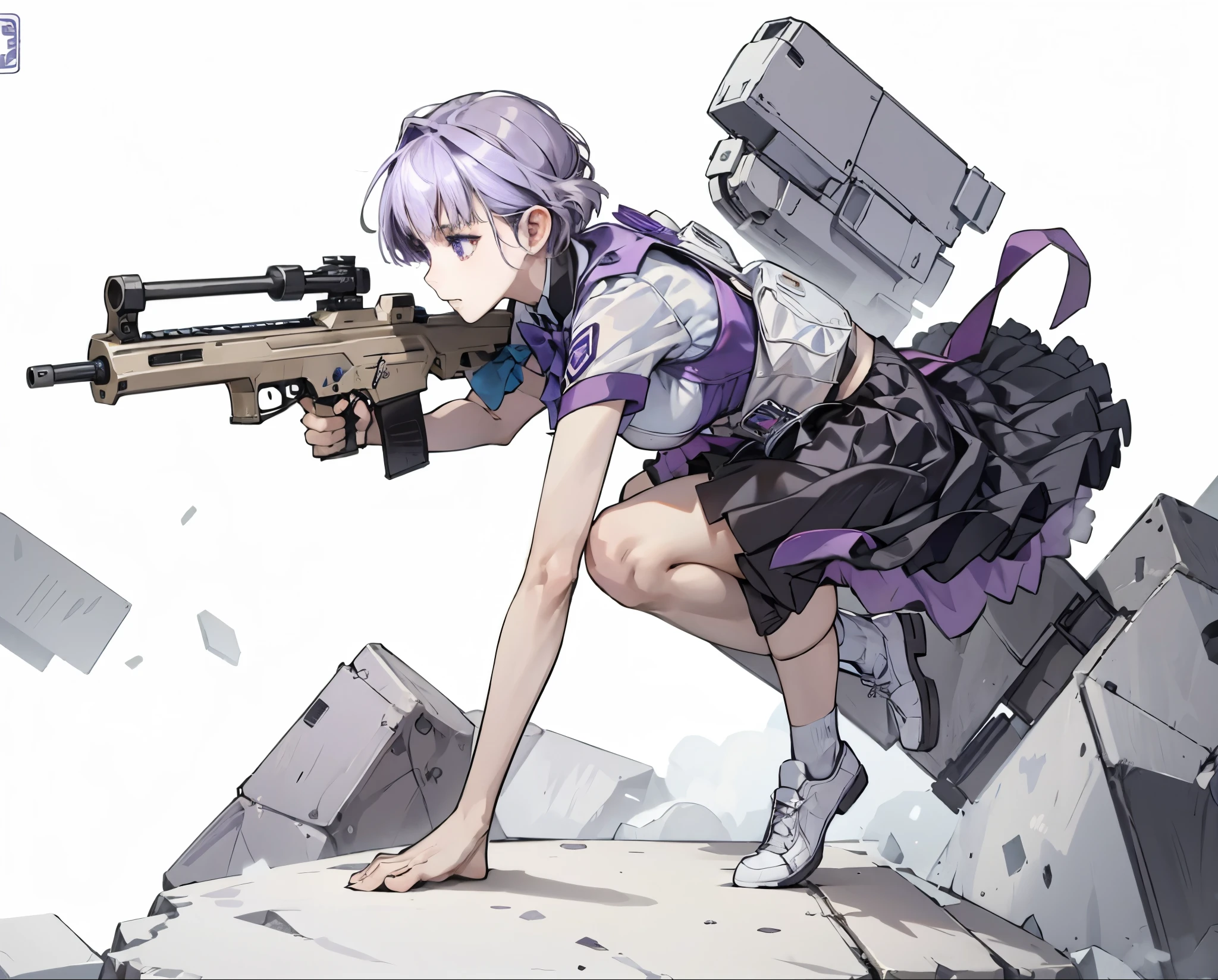 1girl, solo, short hair, skirt, shirt, gloves, white background, bow, holding, , purple eyes, white shirt, weapon, purple hair, pleated skirt, shoes, black gloves, socks, bowtie, holding weapon, gun, sneakers, holding gun, armband, rifle, grey skirt, headset, assault rifle, grey gloves, load bearing vest