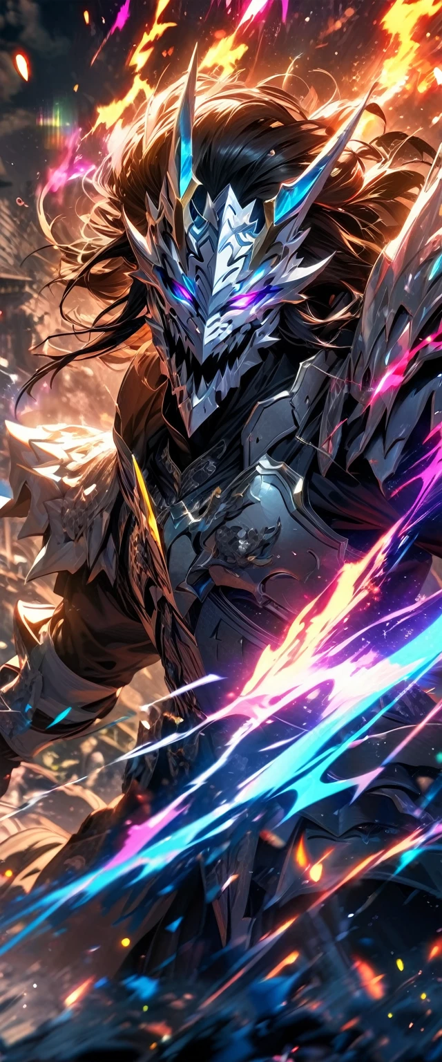 absurdres, highres, ultra detailed, HDR, masterpiece, extremely detailed face and eyes, white armor dragon knight, Epic Dragon mask,,colorful Black hair , , solo, ,man, handsome, , , Epic fight scene, colorful flames splashing effect,colorful lightning  effect,glowing glitters 