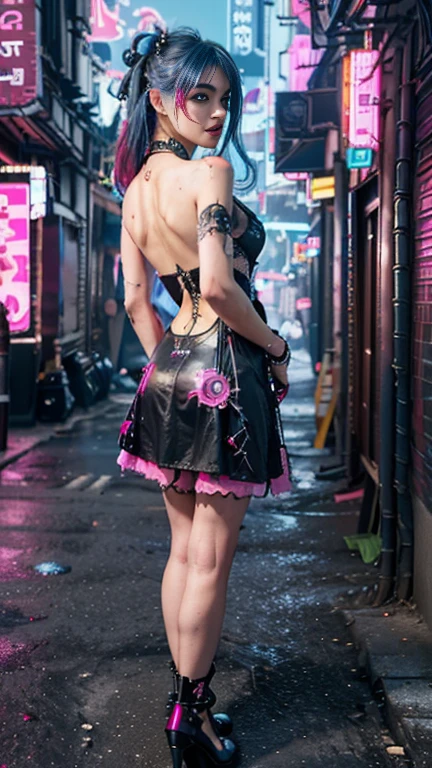 (masutepiece, of the highest quality, Best Quality, Official art, Beautiful and aesthetic:1.2),(1girl in:1.4),Full body,([Pink|Blue] hair:1.5),ighly detailed,(Fractal Art:1.3),(Colorful:1.5),highest details,(Mechanical modification:1.3),(corrected:1.2),Maiden,(A complex mechanical conduit is inserted into the back:1.5),catheter,(Neon background:1.4),(Neon City:1.75),Night,Large breasts,(Gothic_ta:1.2),high-heels,(:0.75),makeup,blush,(Cyberpunk:1.4),((Looking at Viewer:1.3)),((Looking back)),Sofia Boutella, brunette, sun burn, Colossal tits, Nikon D850 Film Stock Photography 4 Kodak Portra 400 Camera F1.6 lens rich colors hyper realistic lifelike texture dramatic lighting unrealengine trending on artstation cinestill 800,