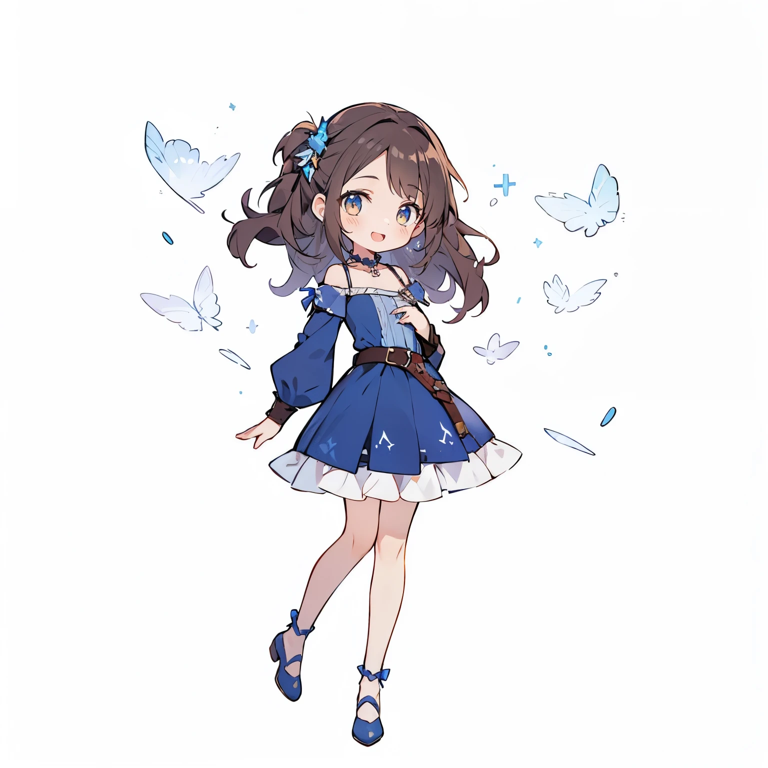 1 girl, fantasy world, ruins, fort, beautiful sky, shining sky, sunshine, camisoles, belts, blue clothes, cross choker, wind blowing dress, lace dress, off-shoulder sleeves