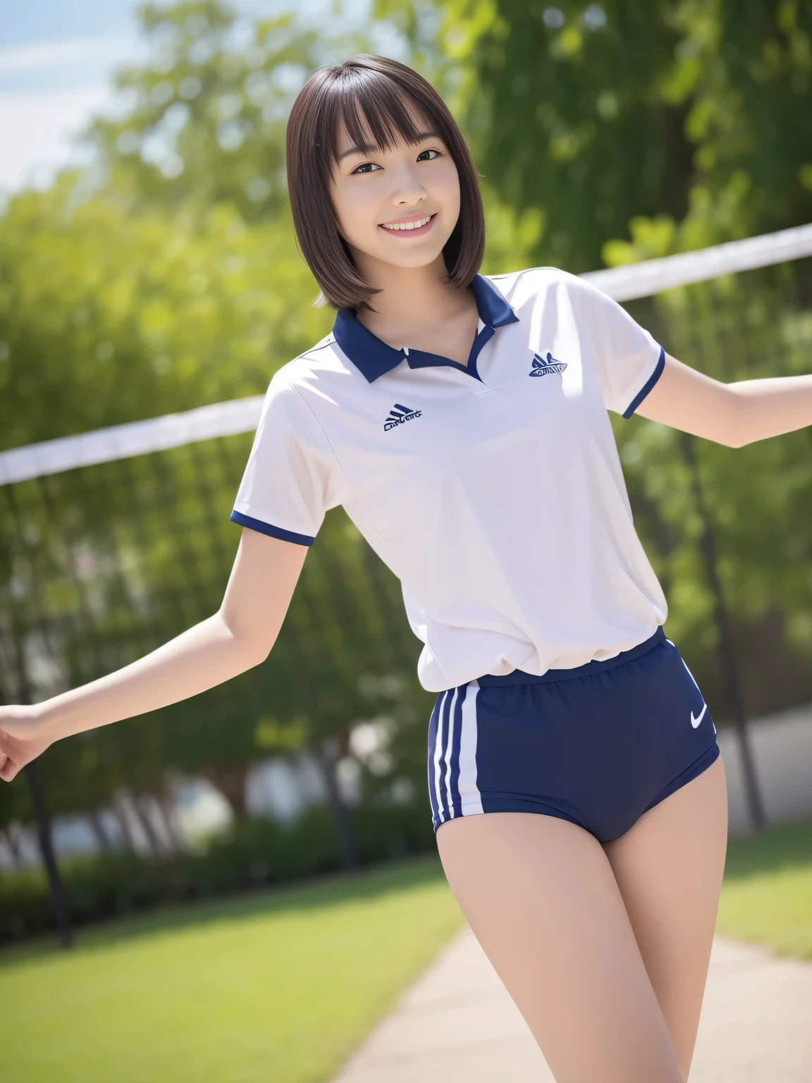 1 girl, alone, Ten generations, , white, cute, beautiful, wearing a volleyball uniform, navy blue and white colour on the outfit, white t-shirt, Navy blue high-leg bloomers, masterpiece, high quality, dark brown short hair, bangs, smile, sweet, sunny morning, outdoor, Stand and pose romantically, sexy, upturned butt, 