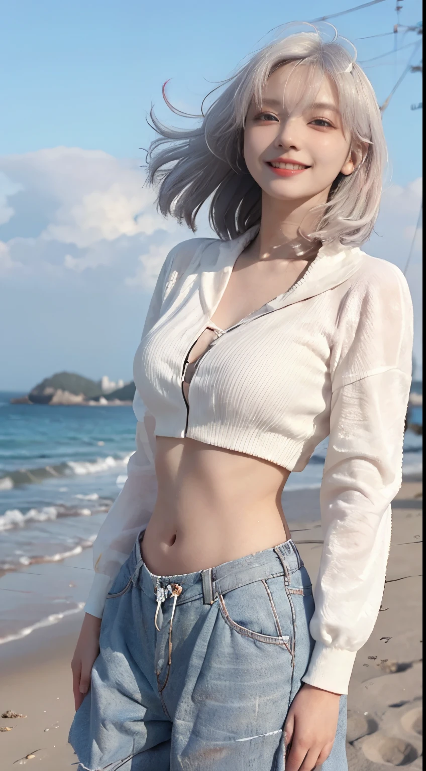 Best image quality、RAW Photos、超A high resolution、21 years old Korean、Small breasts、Dynamic Angle、Cowboy Shot、Chaos in its most beautiful form、elegant、Brutalist Design、Vibrant colors、Beautiful white hair、Short Bob、smile、fun、smile、Glowing White Skin、Beautiful eyes with random colors、Very thin lips、Beautiful eyes in every detail、 Narrow eyes、Cheeks are pale pink、Eyelash length、Beautiful double eyelids、eye shadow、Bright white hair、Crop top、Lightweight see-through jacket、Harem pants、Sandy Beach、Shooting from diagonally below、Low - Angle、The wind is blowing、Hair fluttering、boost mood、Full body photo