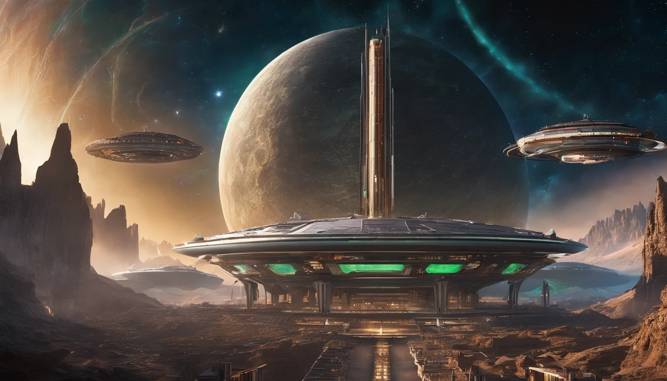 Medieval castle 750,750,750,750,000 sq ft hybrid planet, showing forest green, & sky blue matte, melds into a Saturn-size-Earth hybrid, Larry Niven, Arthur C Clarke.The space station is massively bigger than Babylon 5, but in the shape of Deep Space 9. The space station has 6 O'Neal Class space stations off in 5 different equilateral directions, & 1 down the middle. It has its own ecosystem, generates its own power, & is located in a binary star system. There are hundreds of starships going to & fro, from the station, at any hour of the day. The station is in the center of the foreground. There are many stars, a nebula, and a comet, in the background. (((Use the following styles:conceptual art, protovision,3d render, architecture, portrait photography, cinematic, diamond crystal, alien, Leonardo Da Vinci, Arthur C. Clarke, &Larry Niven))). (((1 million HD Resolution, isometric art, insane symmetrical details)))., 3d render, cinematic, vibrant, portrait photography, architecture, conceptual art