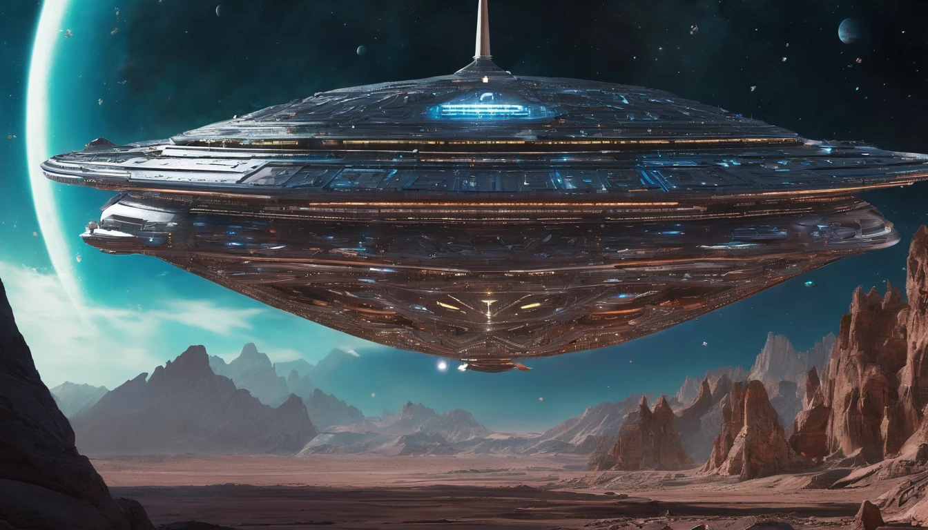 Medieval castle 750,750,750,750,000 sq ft hybrid planet, showing forest green, & sky blue matte, melds into a Saturn-size-Earth hybrid, Larry Niven, Arthur C Clarke.The space station is massively bigger than Babylon 5, but in the shape of Deep Space 9. The space station has 6 O'Neal Class space stations off in 5 different equilateral directions, & 1 down the middle. It has its own ecosystem, generates its own power, & is located in a binary star system. There are hundreds of starships going to & fro, from the station, at any hour of the day. The station is in the center of the foreground. There are many stars, a nebula, and a comet, in the background. (((Use the following styles:conceptual art, protovision,3d render, architecture, portrait photography, cinematic, diamond crystal, alien, Leonardo Da Vinci, Arthur C. Clarke, &Larry Niven))). (((1 million HD Resolution, isometric art, insane symmetrical details)))., 3d render, cinematic, vibrant, portrait photography, architecture, conceptual art