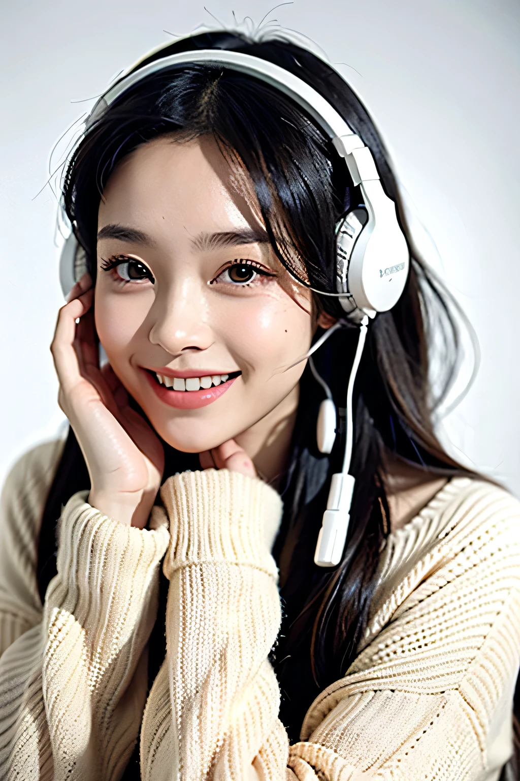 1 Girl,sweater,White background,Wearing headphones，Smiling，In dubbing