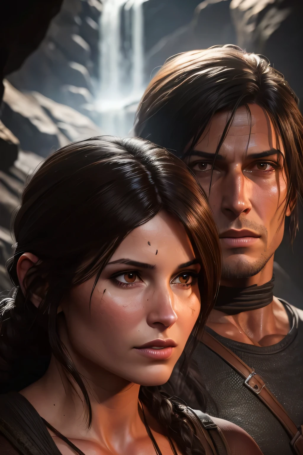 Lara Croft, exploring dark cave, water, moonlight, fire, (8k, RAW photo, best quality, masterpiece:1.2), soft lighting, high quality, DLSR, sharp focus, soft lighting, masterpiece, perfect face, ultra detailed face, perfect brown eyes, beautiful face, perfect anatomy, two mummified persons in the background behind lara