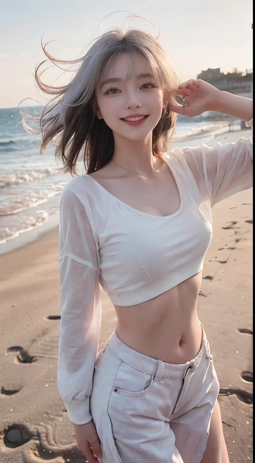 Best image quality、RAW Photos、超A high resolution、21 years old Korean、Small breasts、Dynamic Angle、Cowboy Shot、Chaos in its most beautiful form、elegant、Brutalist Design、Vibrant colors、Beautiful white hair、Short Bob、smile、fun、smile、Glowing White Skin、Beautiful eyes with random colors、Very thin lips、Beautiful eyes in every detail、 Narrow eyes、Cheeks are pale pink、Eyelash length、Beautiful double eyelids、eye shadow、Bright white hair、Crop top、Lightweight see-through jacket、Harem pants、Sandy Beach、Shooting from diagonally below、Low - Angle、The wind is blowing、Hair fluttering、boost mood、Full body photo