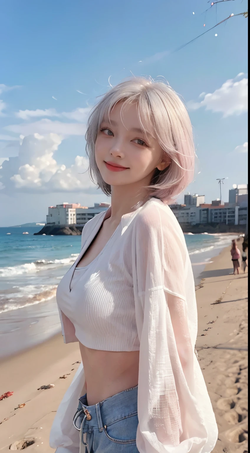 Best image quality、RAW Photos、超A high resolution、21 years old Korean、Small breasts、Dynamic Angle、Cowboy Shot、Chaos in its most beautiful form、elegant、Brutalist Design、Vibrant colors、Beautiful white hair、Short Bob、smile、fun、smile、Glowing White Skin、Beautiful eyes with random colors、Very thin lips、Beautiful eyes in every detail、 Narrow eyes、Cheeks are pale pink、Eyelash length、Beautiful double eyelids、eye shadow、Bright white hair、Crop top、Lightweight see-through jacket、Harem pants、Sandy Beach、Shooting from diagonally below、Low - Angle、The wind is blowing、Hair fluttering、boost mood、Full body photo