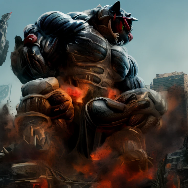 (masterpiece. official art. 8k. best quality. detailed full body. full body.)

(situation 1 : dominating INCINEROAR. focus GIANT mechanical Muscular INCINEROAR is trampling the CITY. macro. stomp. Low-angle perspective. emphasizing the immense size. The perspective is from below, emphasizing the sheer majesty and power of the Giant. giant art. He is much bigger than a skyscraper. Giga Giants. micro city. looking down. Step on the city and destroy it.)

(situation 2 :smoke and flames rising from the destruction in the city)

(Additional details 1: wearing a full-face helmet. helmet is jet black. The color of NANOSUIT is jet black. high-tech bio-mecha armor. real texture material. whole body shines like metal. Wearing cyberpunk mecha. emphasizes the muscles. suit fully made of metal. intricate armor. Robotic suit. suit fully made of metal. NANOSUIT with the same design as INCINEROAR.).

(Additional details 2: (Detailed head. Detailed Body. Detailed abs. gigantic muscles. HYPER MUSCLES. Gigachad Muscular. big muscle. pecs. triceps. traps. unusually developed muscular body. body full of huge muscles. showing off muscles. pectorales enormes. Exaggeratedly huge muscles. huge muscles. long legs.).

(Additional details 3: nj5furry, Spread wings. It has wings. White have big wings. The claws are sharp. Sharp teeth.5 toes.).

(Additional details 4: black color hyper penis. hyper black penis. big penis)