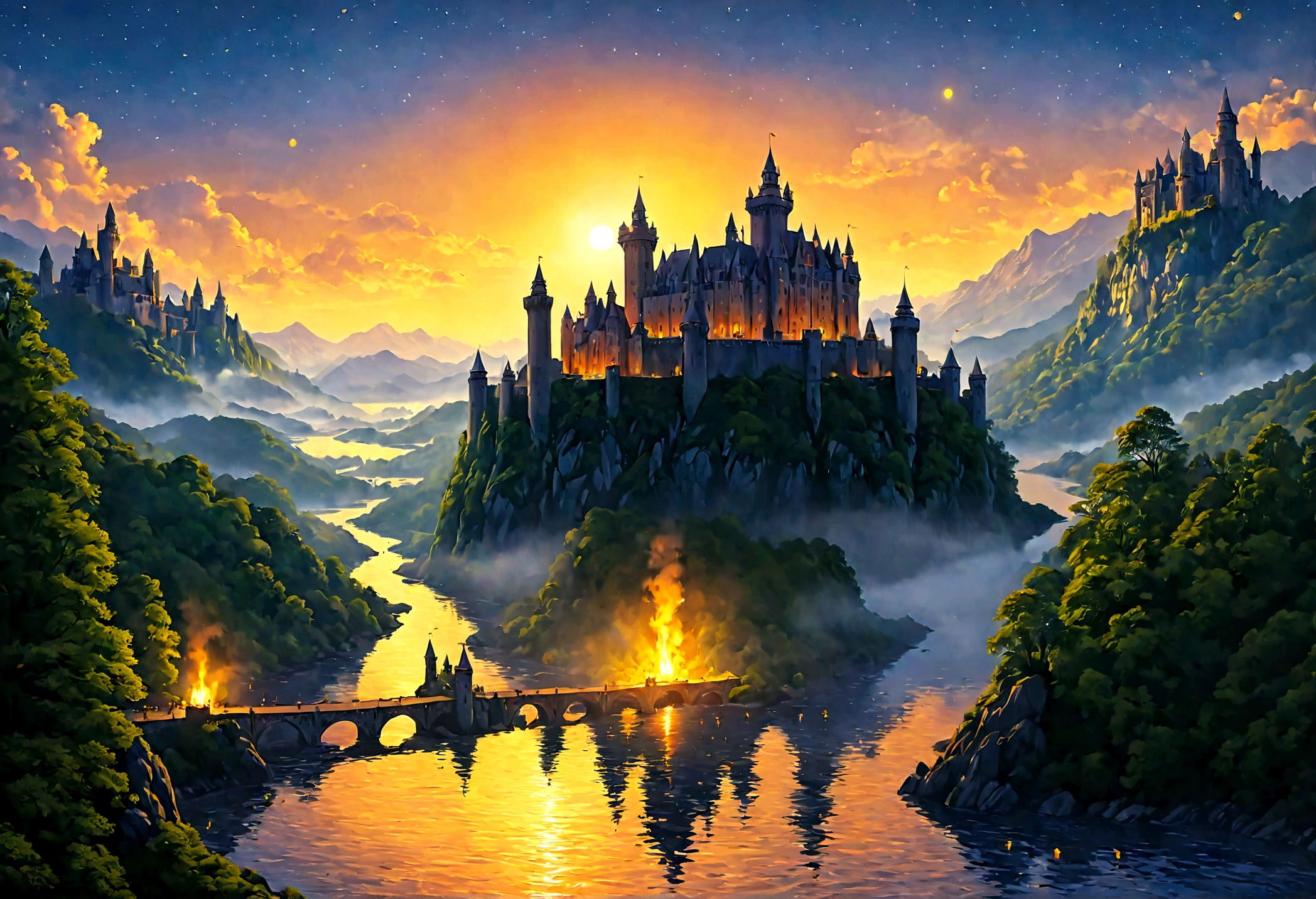 an award winning picture, National Geographic style, Arafed, magnificent artistic picture of a (castle: 1.4) on a mountain range near a lake at dusk, fantasy art D&D art, castle, with towers, turrets, barbican, it is dusk time, the sun is going down, and there are stars in the skies, the last rays of sun, there is a ((bridge lit by torches: 1.4)) crossing to the other side, the castle is being reflected in the water, mist rising from the water, fantasy forest background, ultra best realistic, best details, 16k, [ultra detailed], masterpiece, best quality, (extremely detailed), photorealism, depth of field, hyper realistic painting, Cinematic Hollywood Film style, digital art