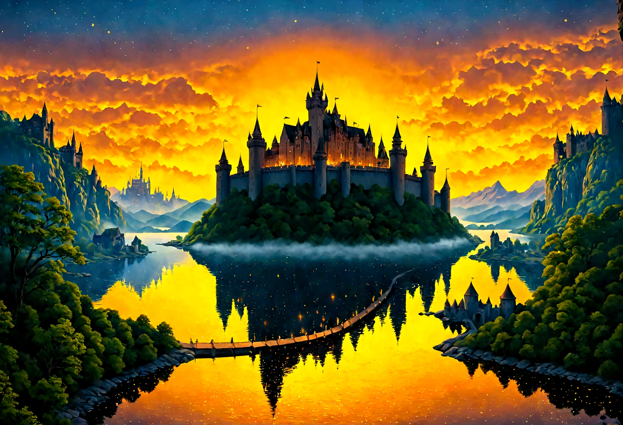 an award winning picture, National Geographic style, Arafed, magnificent artistic picture of a (castle: 1.4) on a mountain range near a lake at dusk, fantasy art D&D art, castle, with towers, turrets, barbican, it is dusk time, the sun is going down, and there are stars in the skies, the last rays of sun, there is a ((bridge lit by torches: 1.4)) crossing to the other side, the castle is being reflected in the water, mist rising from the water, fantasy forest background, ultra best realistic, best details, 16k, [ultra detailed], masterpiece, best quality, (extremely detailed), photorealism, depth of field, hyper realistic painting, Cinematic Hollywood Film style, digital art