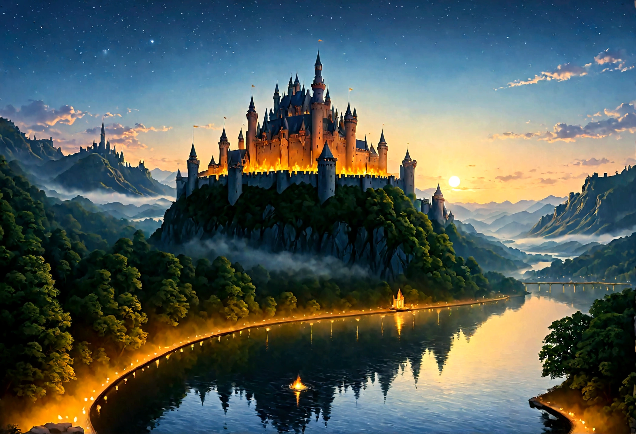 an award winning picture, National Geographic style, Arafed, magnificent artistic picture of a (castle: 1.4) on a mountain range near a lake at dusk, fantasy art D&D art, castle, with towers, turrets, barbican, it is dusk time, the sun is going down, and there are stars in the skies, the last rays of sun, there is a ((bridge lit by torches: 1.4)) crossing to the other side, the castle is being reflected in the water, mist rising from the water, fantasy forest background, ultra best realistic, best details, 16k, [ultra detailed], masterpiece, best quality, (extremely detailed), photorealism, depth of field, hyper realistic painting, Cinematic Hollywood Film style, digital art
