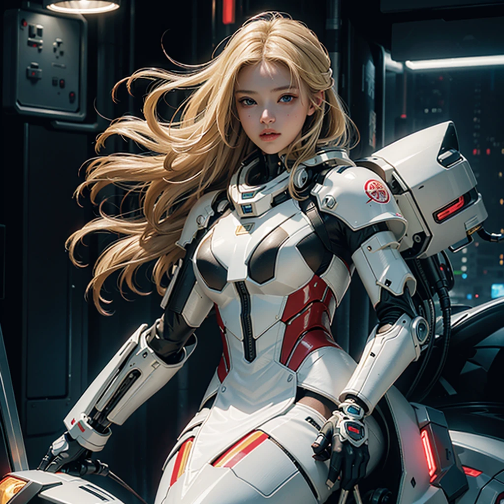 Highest image quality, outstanding details, ultra-high resolution, (realism: 1.4), the best illustration, favor details, highly condensed 1girl, with a delicate and beautiful face, blonde hair , dressed in a white and red mecha, wearing a mecha helmet, holding a directional controller, riding on a cybernetic walking mech, cyberpunk city background is a high-tech lighting scene of the future city.