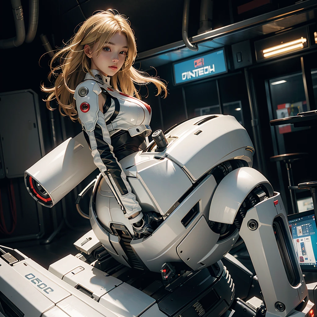 Highest image quality, outstanding details, ultra-high resolution, (realism: 1.4), the best illustration, favor details, highly condensed 1girl, with a delicate and beautiful face, blonde hair , dressed in a white and red mecha, wearing a mecha helmet, holding a directional controller, riding on a cybernetic walking mech, cyberpunk city background is a high-tech lighting scene of the future city.