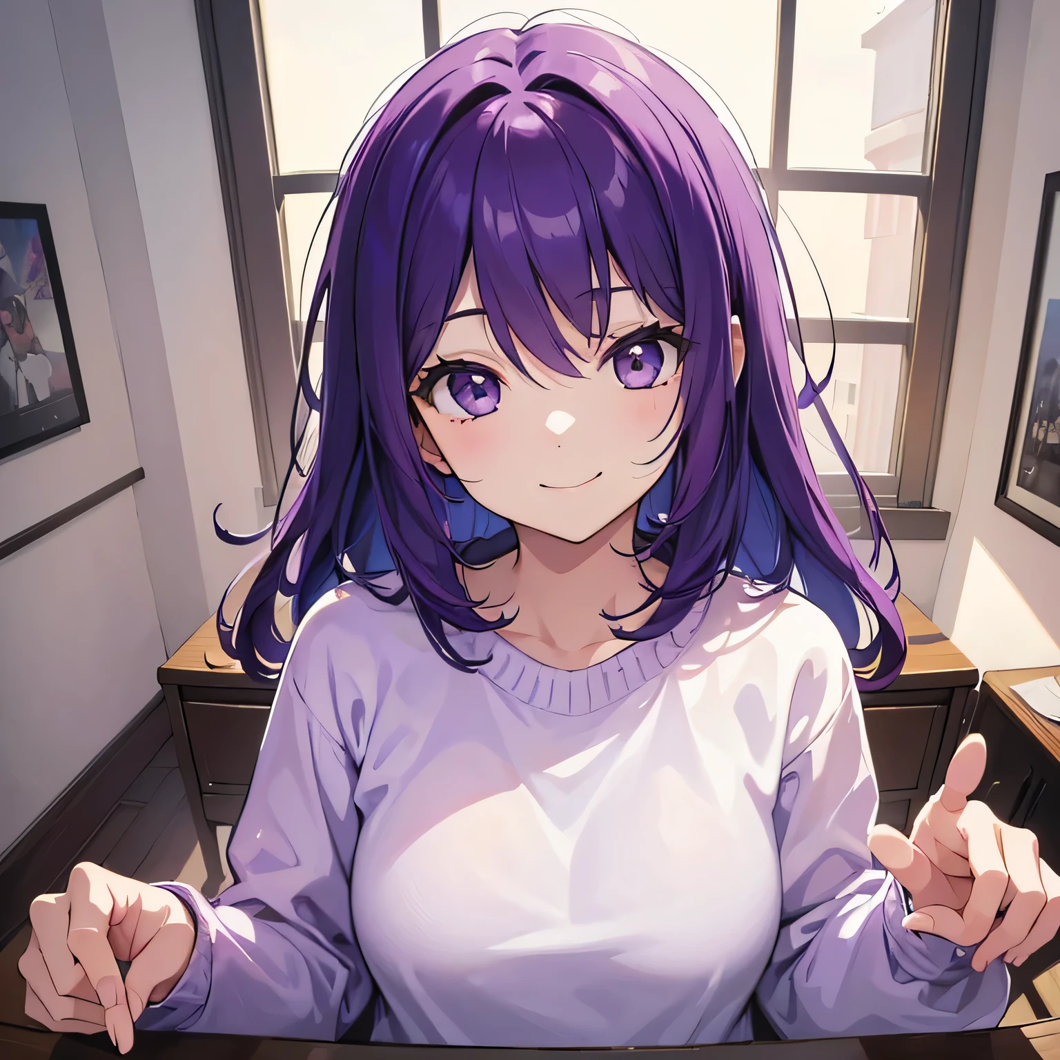 (T Masterpiece，4K wallpaper，Best Quality))、((girl１people))、(solo)、Bright and Brilliant，(Purple Hair)、(Shortcuts:1.3)、smile、Bedroom、sweater、morning