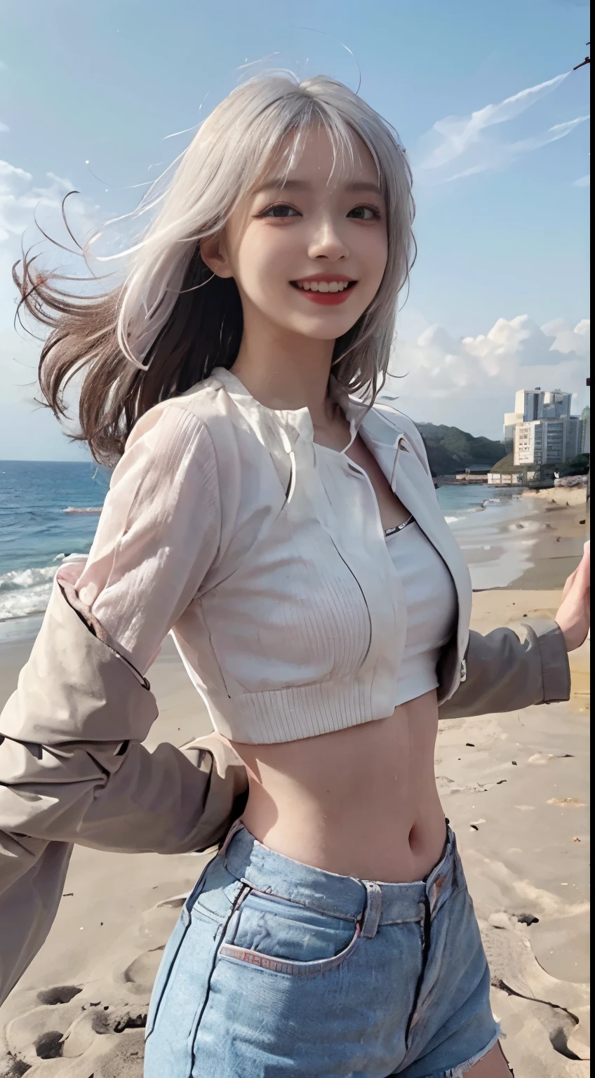 Best image quality、RAW Photos、超A high resolution、21 years old Korean、Small breasts、Dynamic Angle、Cowboy Shot、Chaos in its most beautiful form、elegant、Brutalist Design、Vibrant colors、Beautiful white hair、Short Bob、smile、fun、smile、Glowing White Skin、Beautiful eyes with random colors、Very thin lips、Beautiful eyes in every detail、 Narrow eyes、Cheeks are pale pink、Eyelash length、Beautiful double eyelids、eye shadow、Bright white hair、Crop top、Lightweight see-through jacket、Harem pants、Sandy Beach、Shooting from diagonally below、Low - Angle、The wind is blowing、Hair fluttering、boost mood、Full body photo