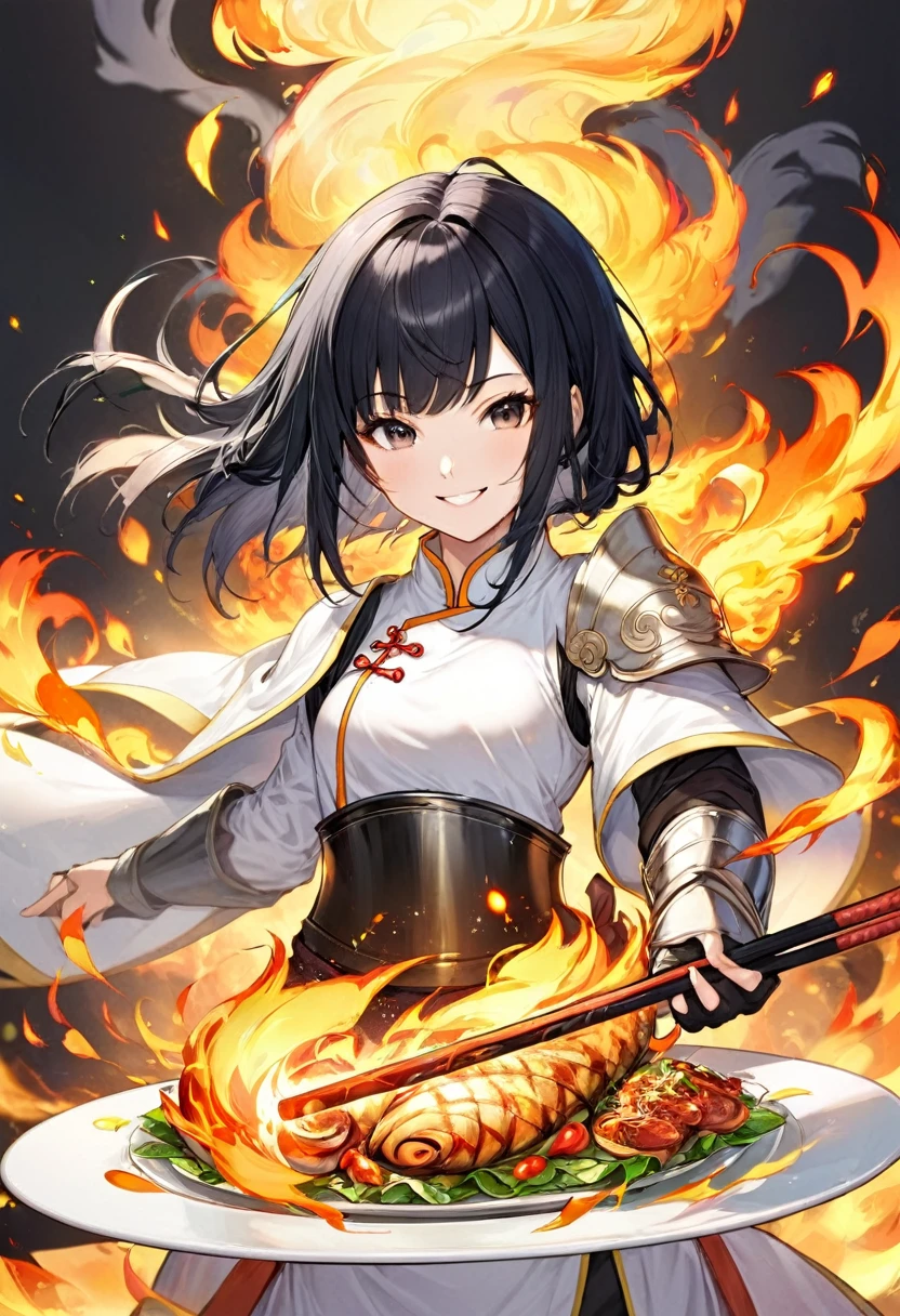 Asian、Black hair user、Cook、Girl in her twenties、Kung Fu、Wearing white monk clothes、Plate Armor、Paladin、Fire User、smile