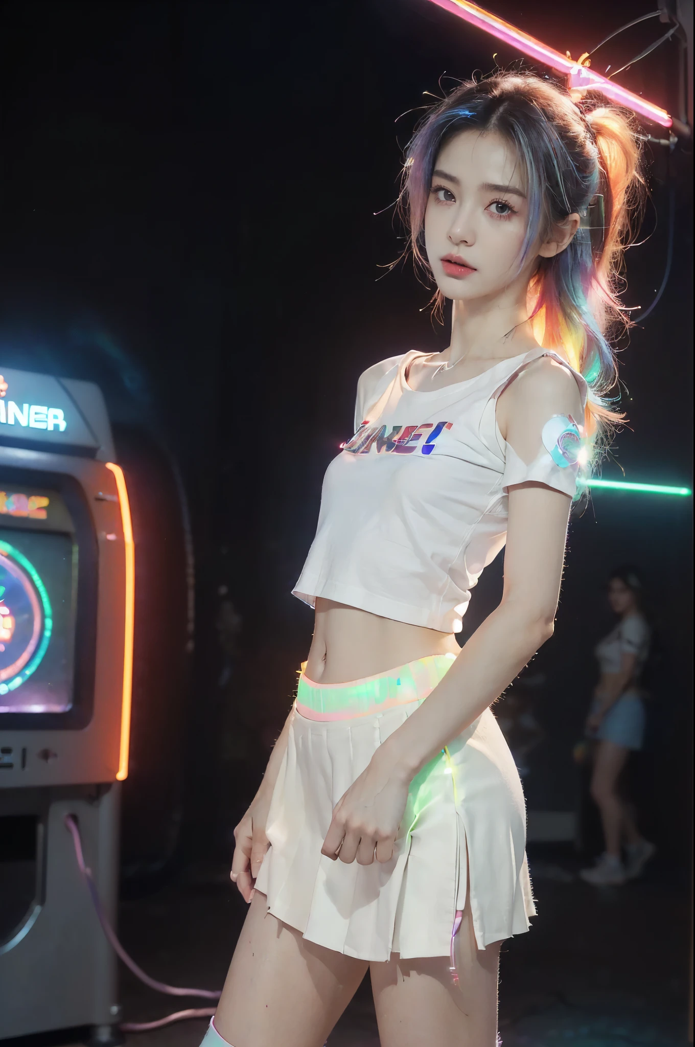 ((((8k))),((Extremely meticulous CG)) ,(wallpaper),16k,((Extremely refined and beautiful)),(((Masterpiece))),(((best qualtiy))),(((Ultra High Resolution))),beautiful light up,Perfect lightning,realistic shaded,(Smooth and flawless skin:1.5),(Extremely exquisite facial details:1.2),(perfect body:1.2),(ultra-detailed),((A beautiful girl,solo)),(small head:1.2),(pale skin:1.3),(shoulder length straight hair:1.2),(rainbow color hair:1.3),(small face:1.2),(baby face:1.3),(Exquisite makeup:1.2),(blush:1.3),(small breasts:1.2),(flat chest:1.3),((slim,thin)),(laughing:1.2),(short sleeves:1.2),(laser shirt:1.5),(shoulder off:1.3),(navel:1.3),(laser microskirt:1.5),(slender legs:1.2),(socks:1.2),(sneakers:1.3),(indoor:1.2),(summer:1.3),(detailed background:1.5),(Standing:1.3),(Beside the arcade machine:1.3),(arms behind back:1.3),(full body:1.3),(from front:1.3),(In the game center:1.5),(colorful neon lights:1.3),(cyberpunk style:1.3),(night scene:1.5),(lively atmosphere:1.3),(surrounded by crowded crowds:1.3),(cowboy shot:1.3)
